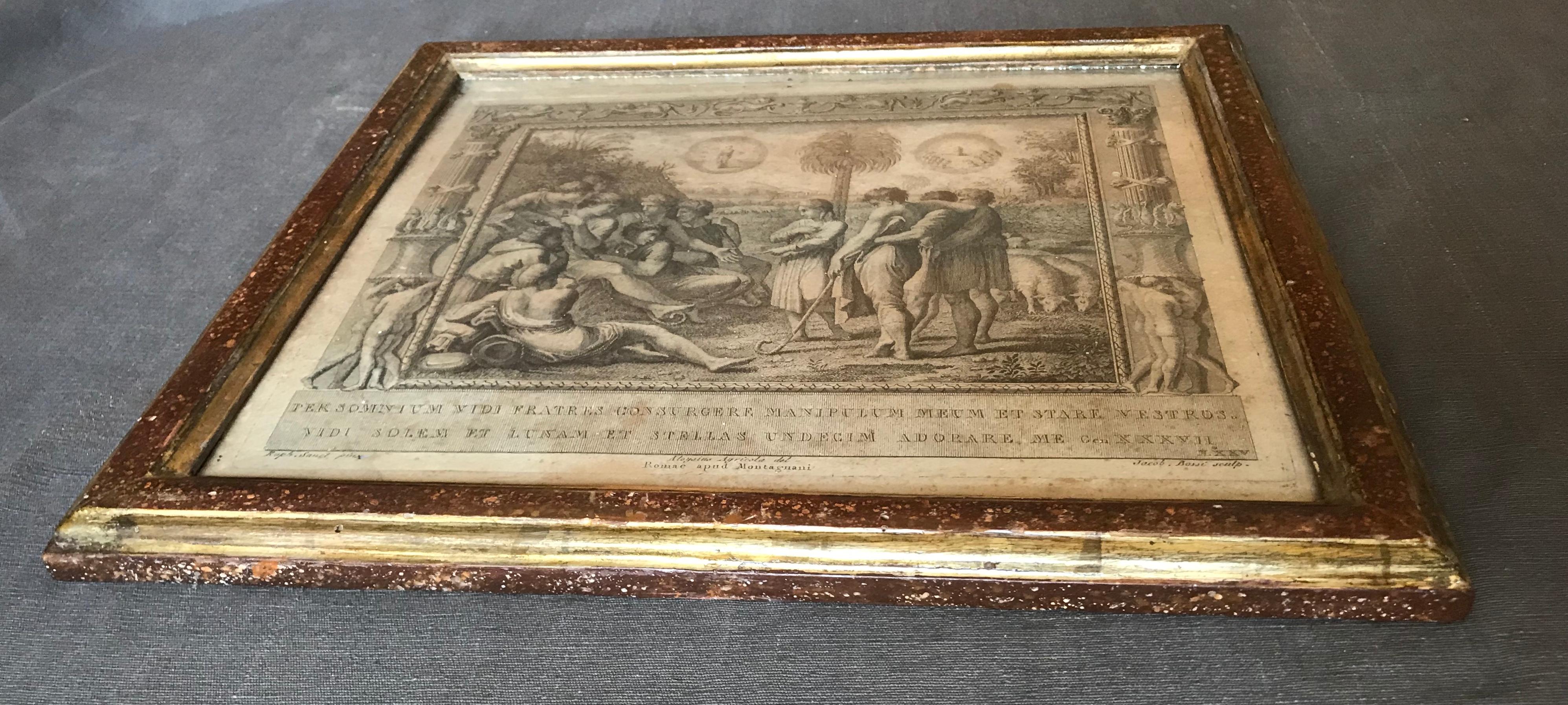 Pair of engravings in 18th century faux porphyry and gilt frames. Richly rendered faux porphyry frames with gilt borders and inner edges and further porphyry to all sides enclosing 17th century engravings of Noah and his family issuing from the Ark