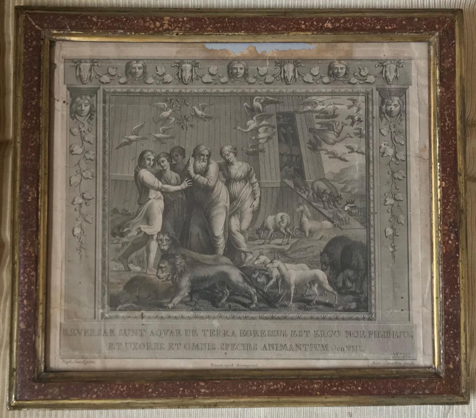 Italian Pair of Engravings in 18th Century Faux Porphyry and Gilt Frames For Sale