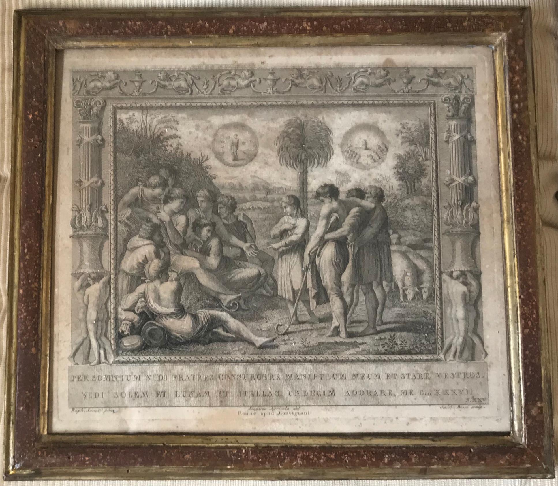 Painted Pair of Engravings in 18th Century Faux Porphyry and Gilt Frames For Sale