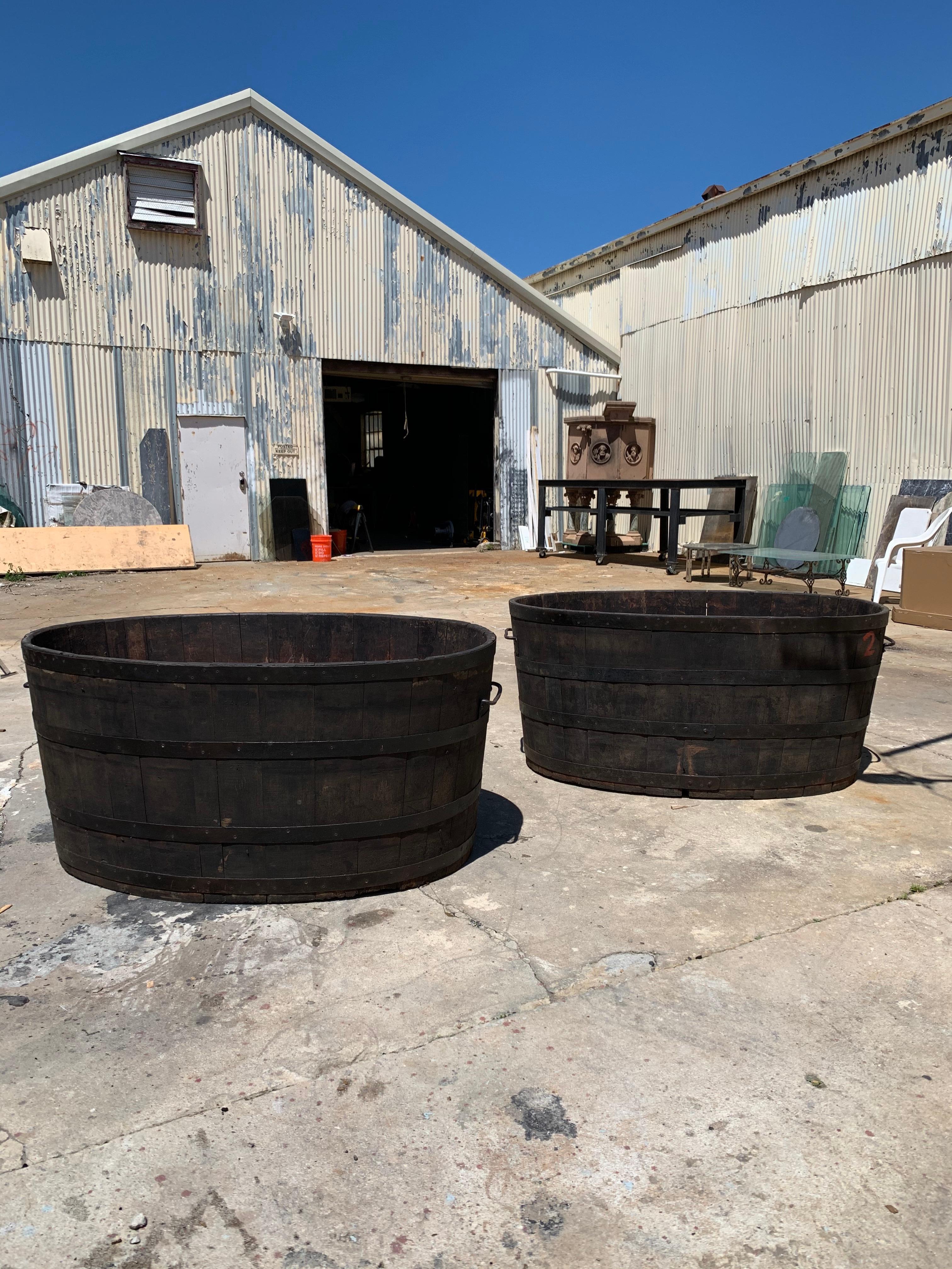 Early 20th Century Pair of Enormous French Wooden Staved Vineyard Grape Buckets, circa 1900