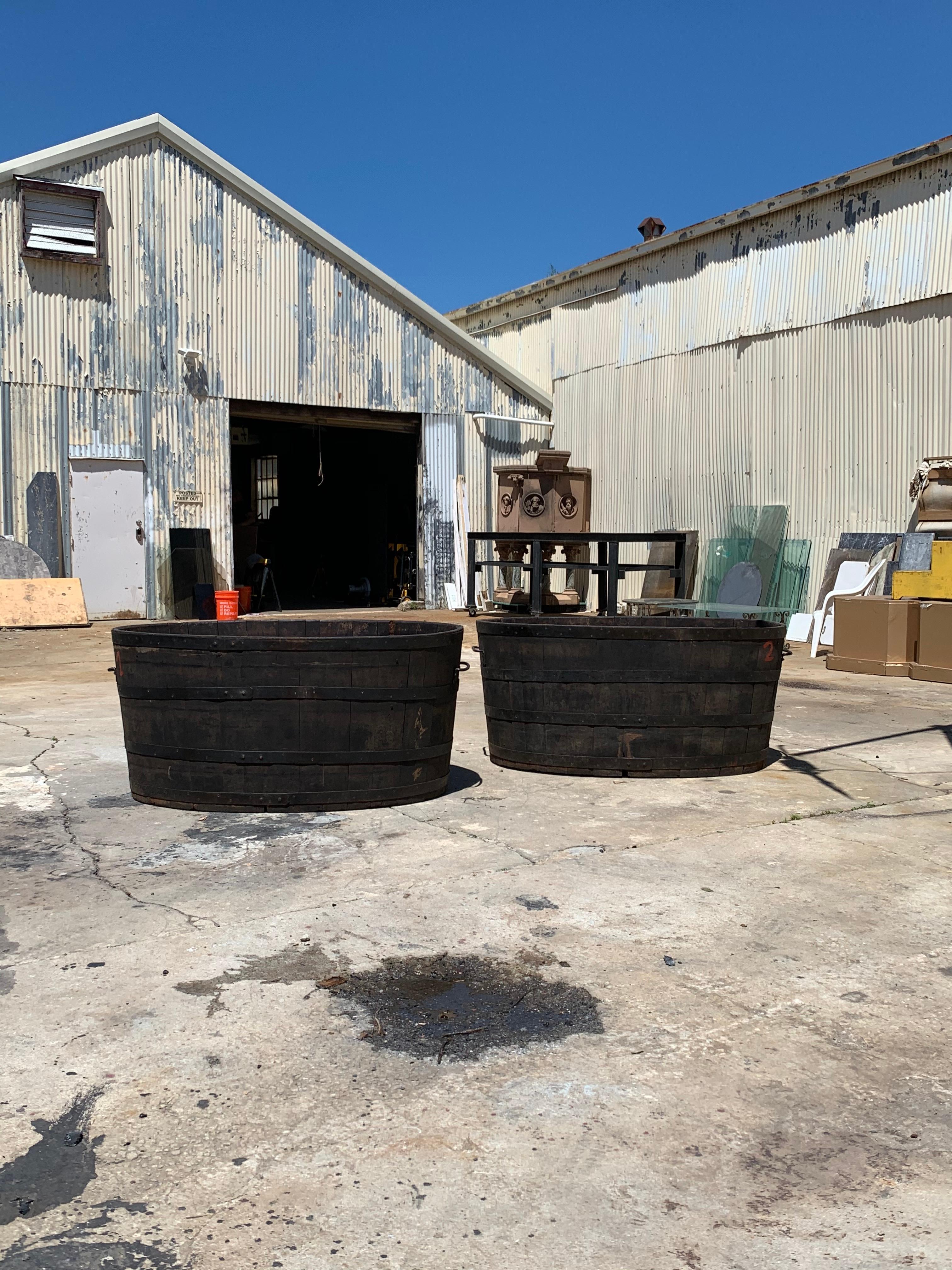 Hardwood Pair of Enormous French Wooden Staved Vineyard Grape Buckets, circa 1900