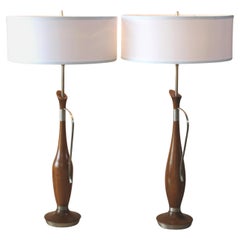 Retro PAIR EPIC MODELINE Mid Century Danish Modern Table Lamps ALUMINUM & WALNUT 1958 