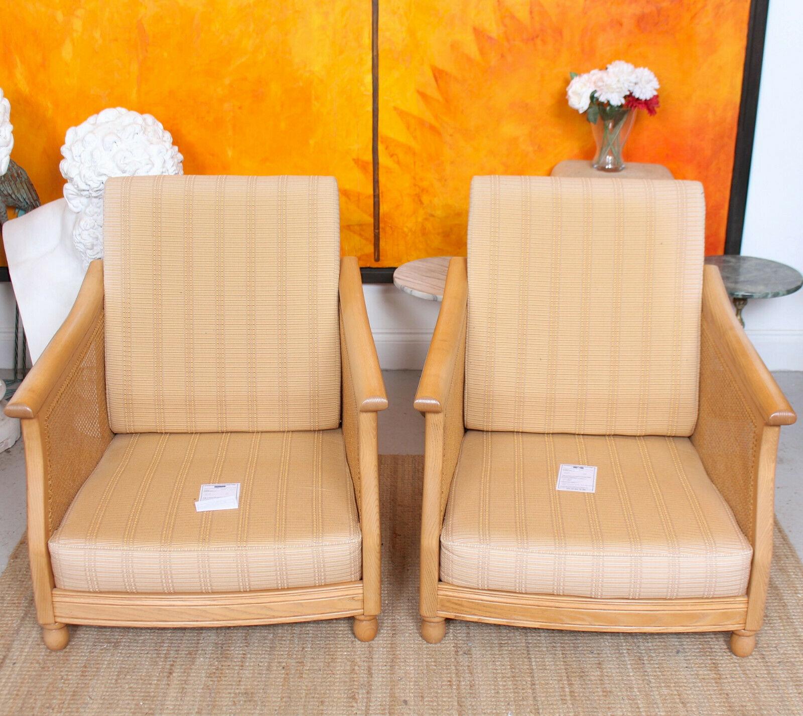Beech Pair of Ercol Bergère Armchairs 2 Lounge Chairs For Sale