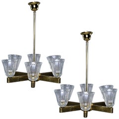 Antique Pair Ercole Barovier and Toso Six Light Chandeliers