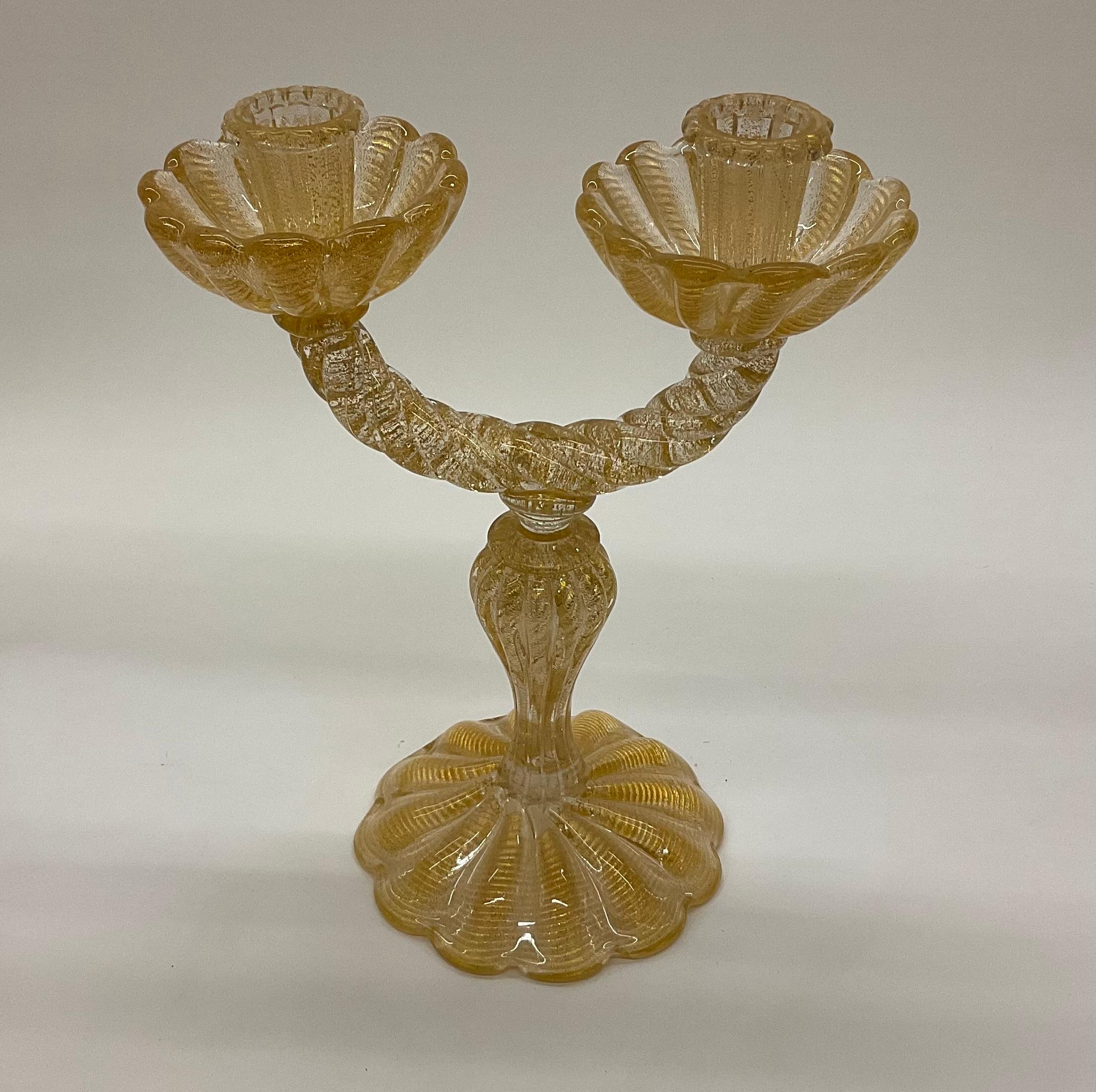 Italian Pair Ercole Barovier for Barovier and Toso Cordonato D Oro Murano double candles For Sale