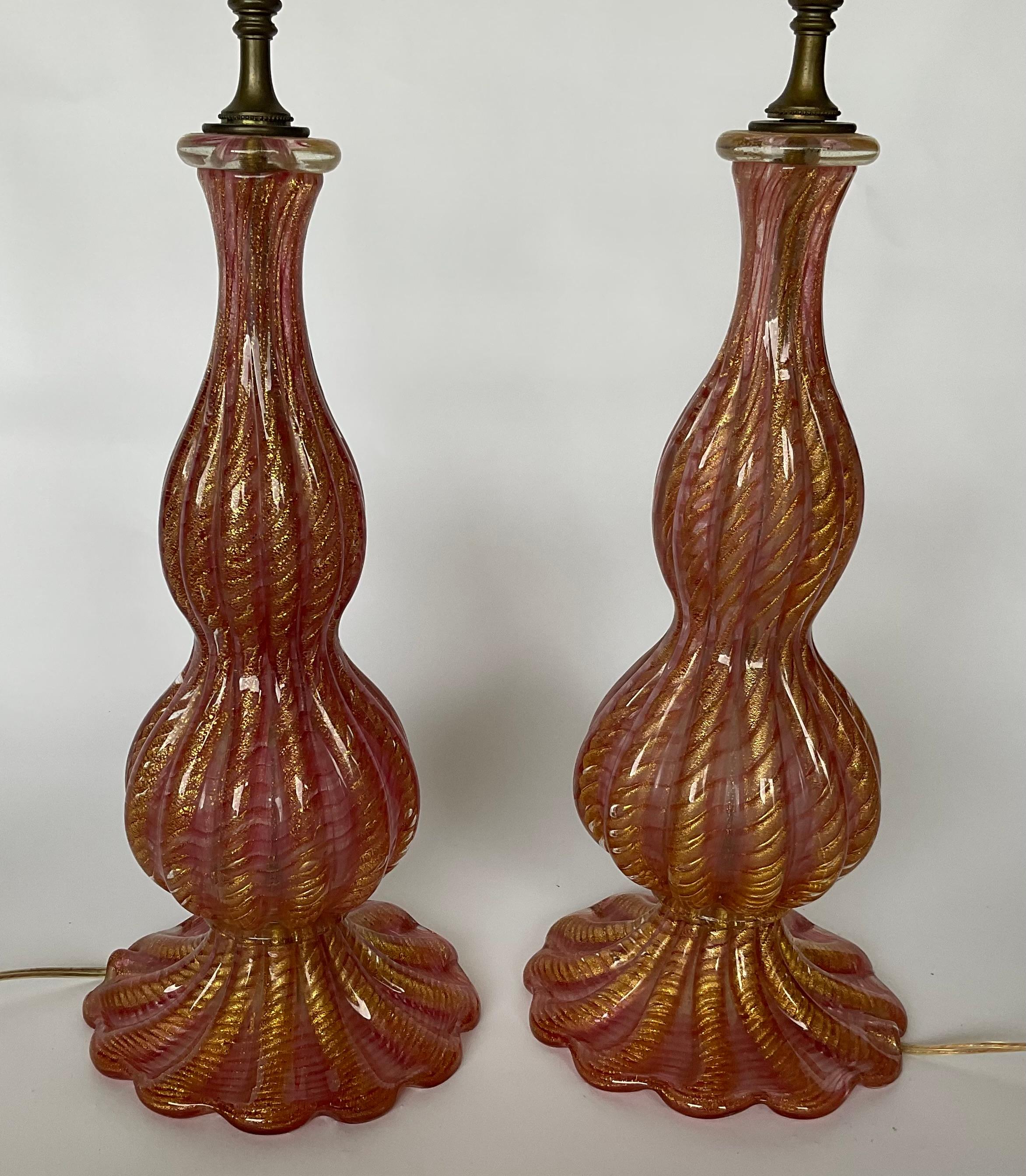 Pair Ercole Barovier for Barovier and Toso Cordonato D’Oro Table Lamps with original Barovier and Toso label . 