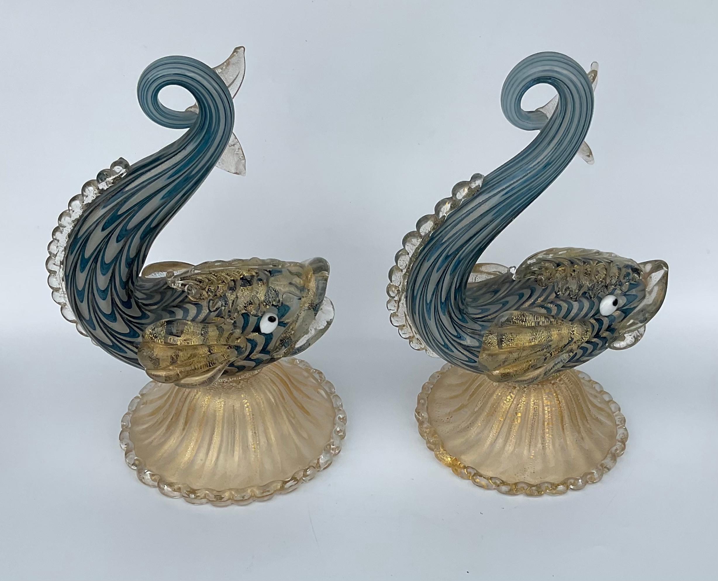 Mid-Century Modern Pair Ercole Barovier for Barovier and Toso Murano Glass Neolitici Fish with Gold