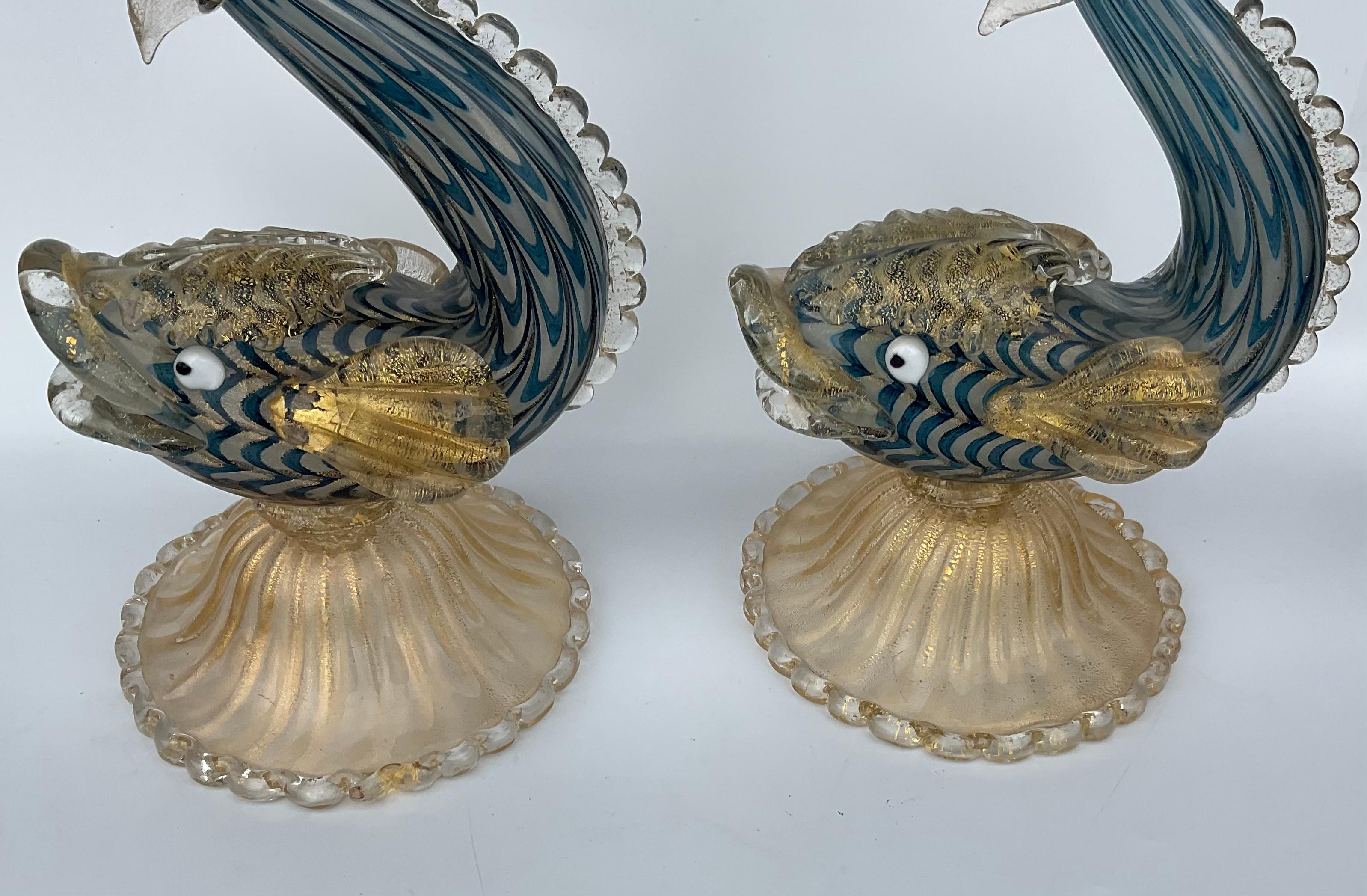 Italian Pair Ercole Barovier for Barovier and Toso Murano Glass Neolitici Fish with Gold
