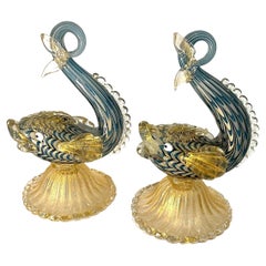 Pair Ercole Barovier for Barovier and Toso Murano Glass Neolitici Fish with Gold