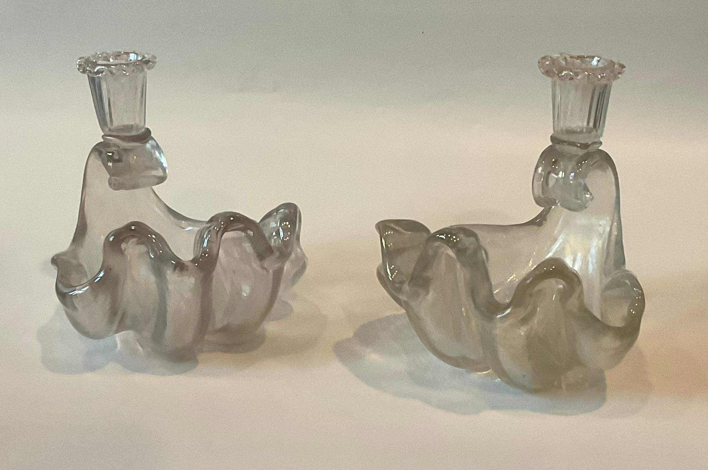 PAIR Ercole Barovier Murano Art Glass Shell Candle Holders in Opalescent glass. Both are hand blown and show slight difference due to being hand made. Rare to find a pair. 