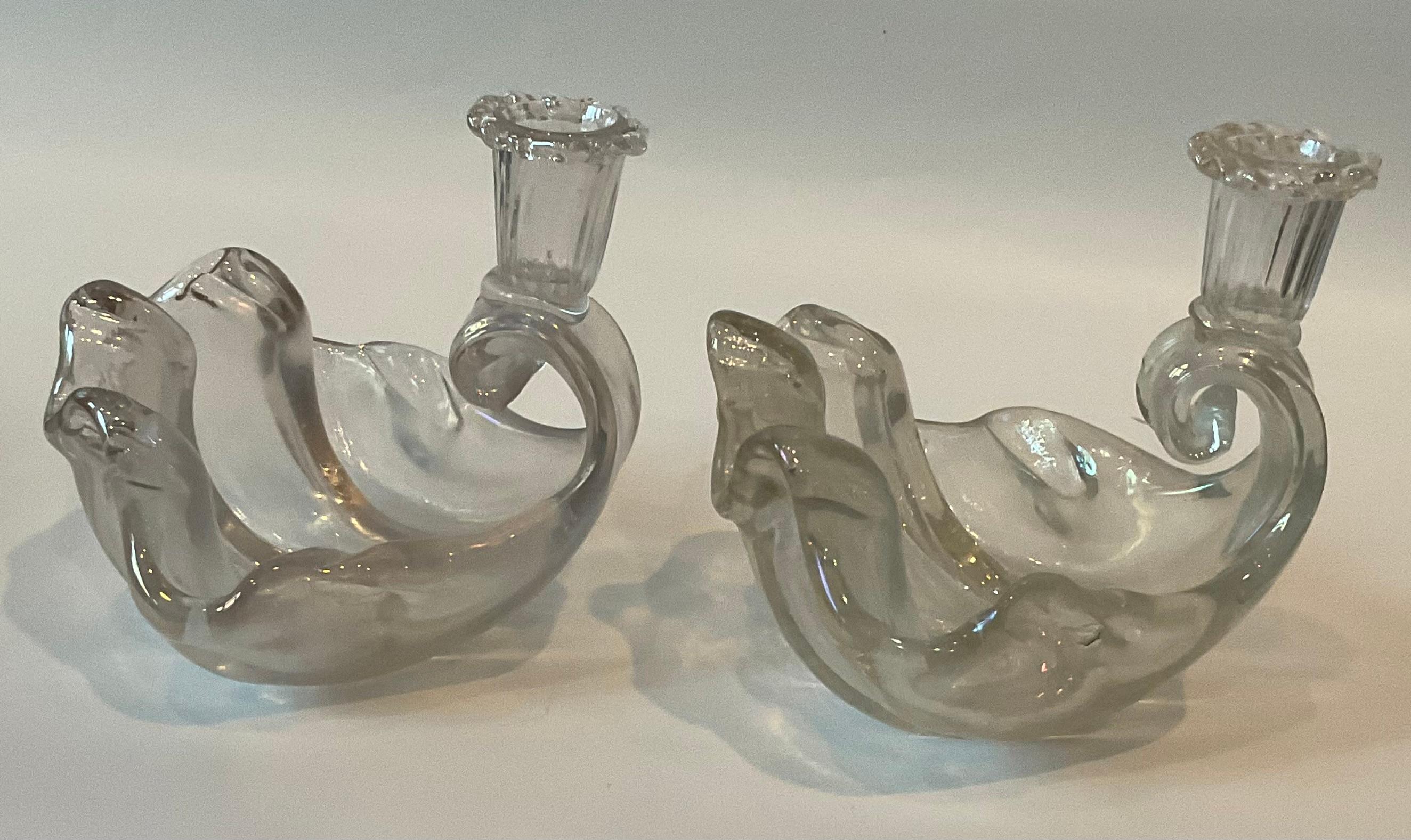 PAIR Ercole Barovier Murano Art Glass Shell Candle Holders Opalescent glass  In Good Condition For Sale In Ann Arbor, MI