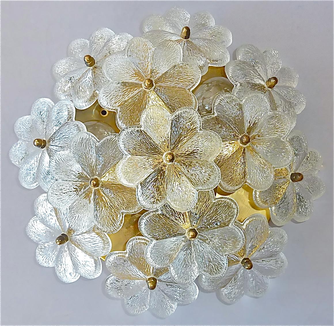 Mid-Century Modern Pair Ernst Palme Floral Glass Brass Wall Ceiling Light Flush Mount Sconces 1960s For Sale