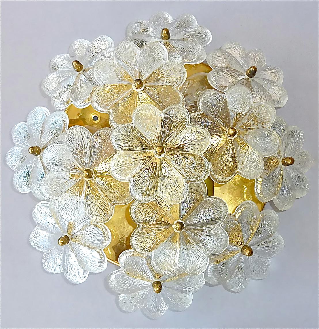 German Pair Ernst Palme Floral Glass Brass Wall Ceiling Light Flush Mount Sconces 1960s For Sale
