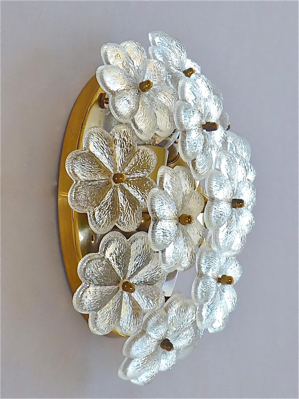Crystal Pair Ernst Palme Floral Glass Brass Wall Ceiling Light Flush Mount Sconces 1960s For Sale