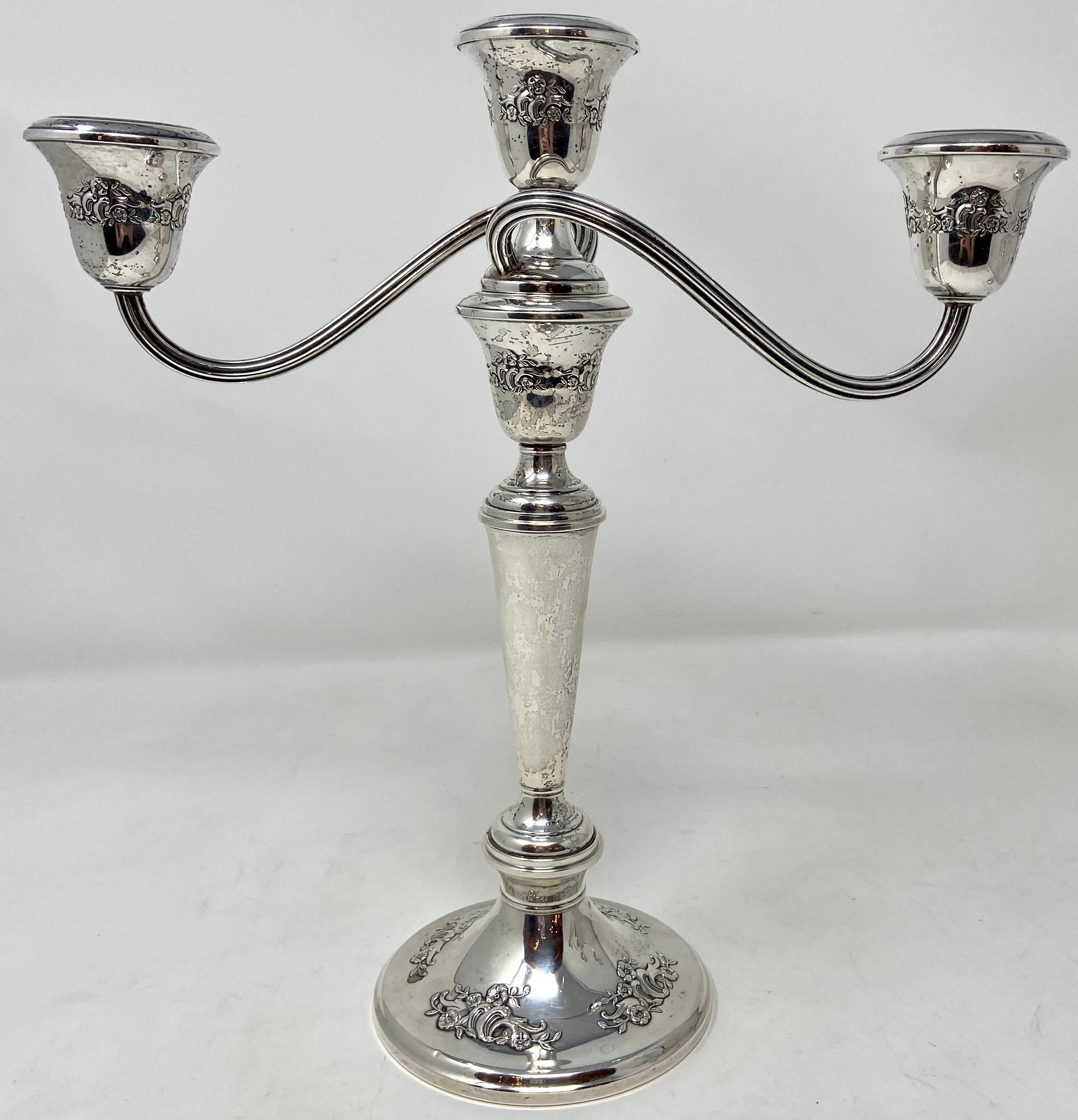 Pair Estate American Intricately traced Sterling Silver weighted convertible candelabra signed 