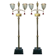 Pair Estate Brass "5th Avenue" Street Lights with Marble Bases, Circa 1950-1970