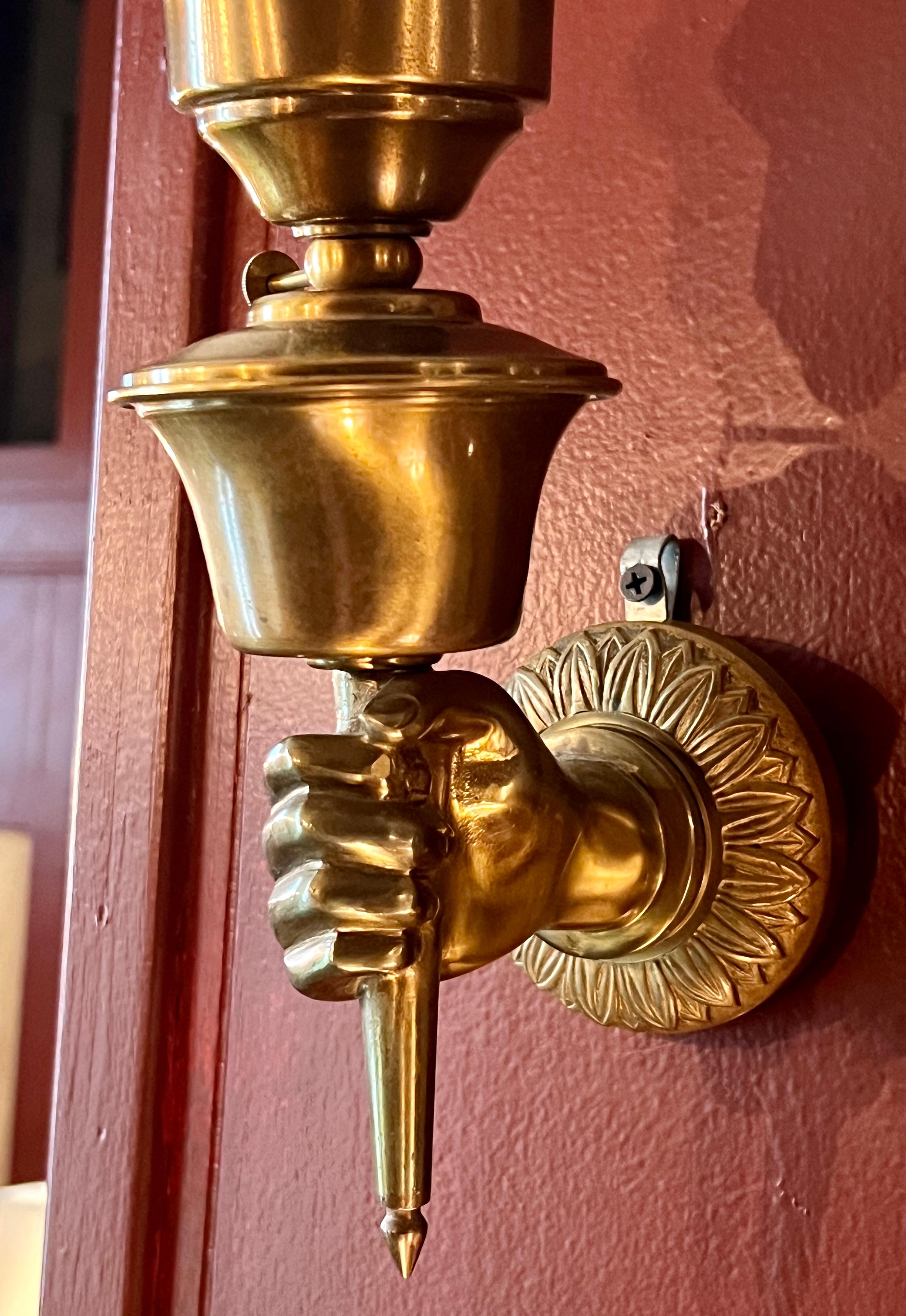 Pair Estate Brass and Frosted Glass Wall Light Sconces in the Form Of Hands, Circa 1940's-1950's.