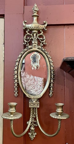 Pair Estate English Adams Design Brass and Mirror Wall Sconces, Circa 1940's.