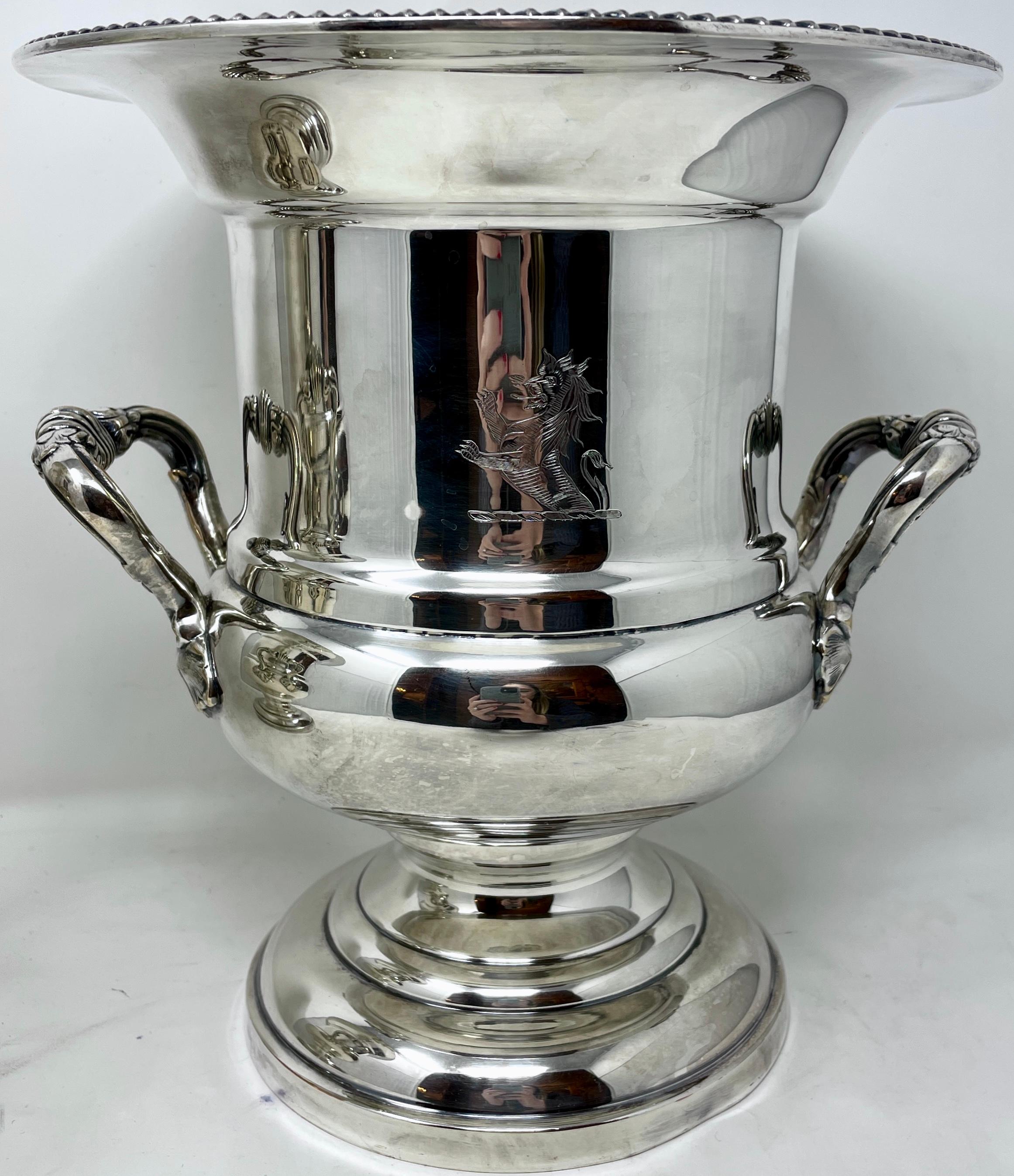 Pair Estate English Hallmarked Silver Plated Champagne / Wine Coolers Circa 1950 In Good Condition For Sale In New Orleans, LA