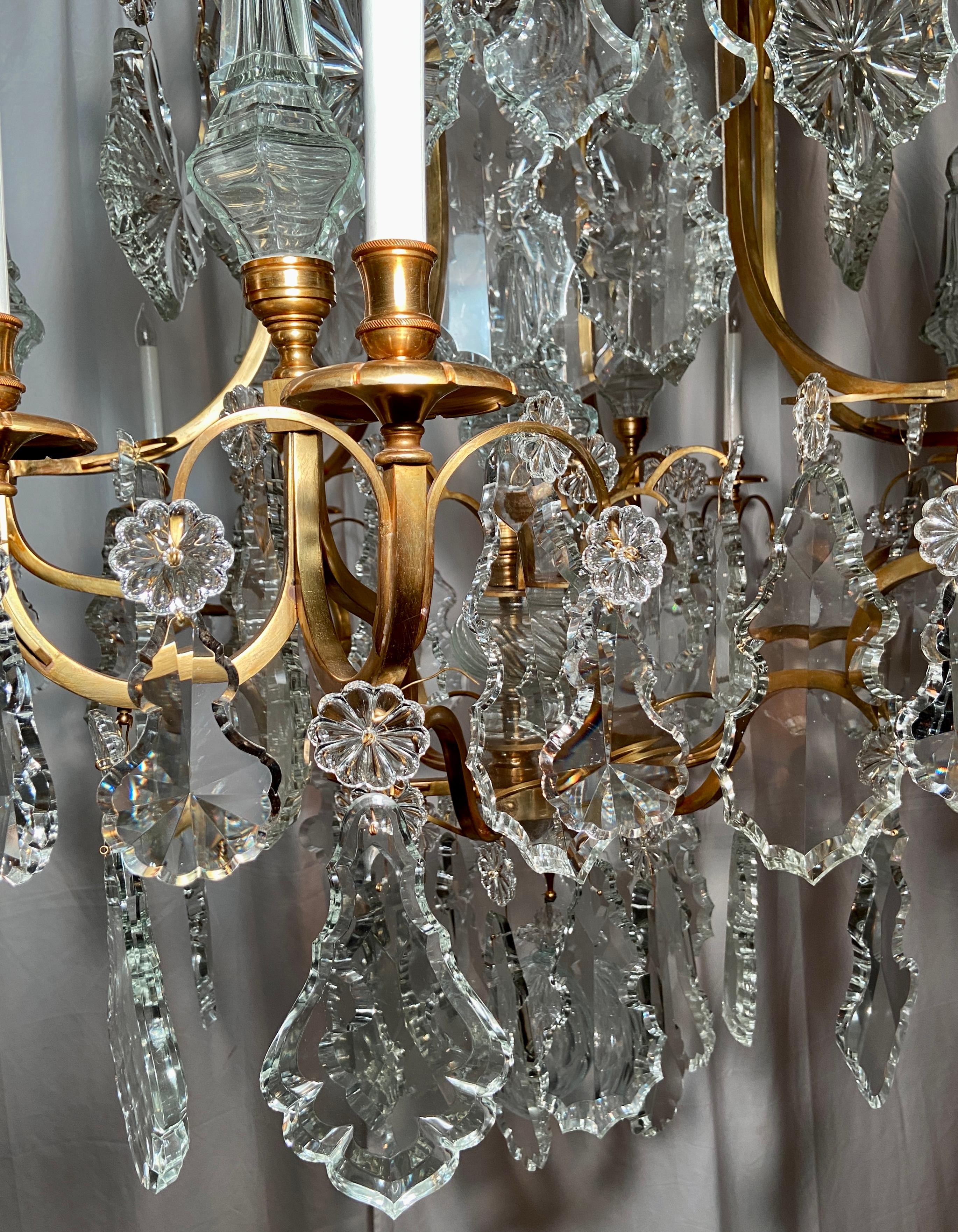 Pair Estate French Baccarat Crystal & Bronze D' Ore Chandeliers, Circa 1940-1950 6