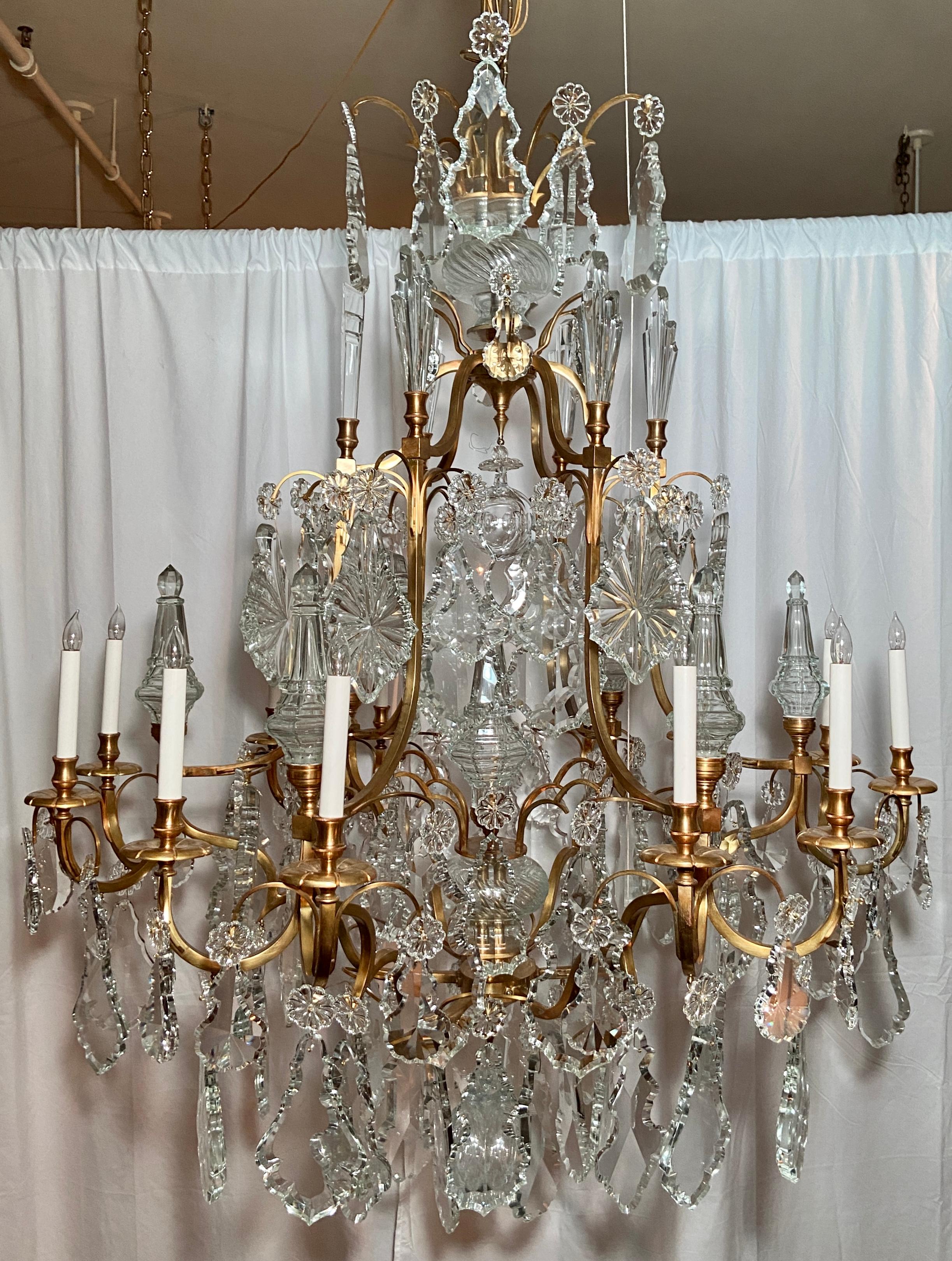 Magnificent pair Estate French Baccarat crystal and bronze D' Ore chandeliers, Circa 1940-1950.