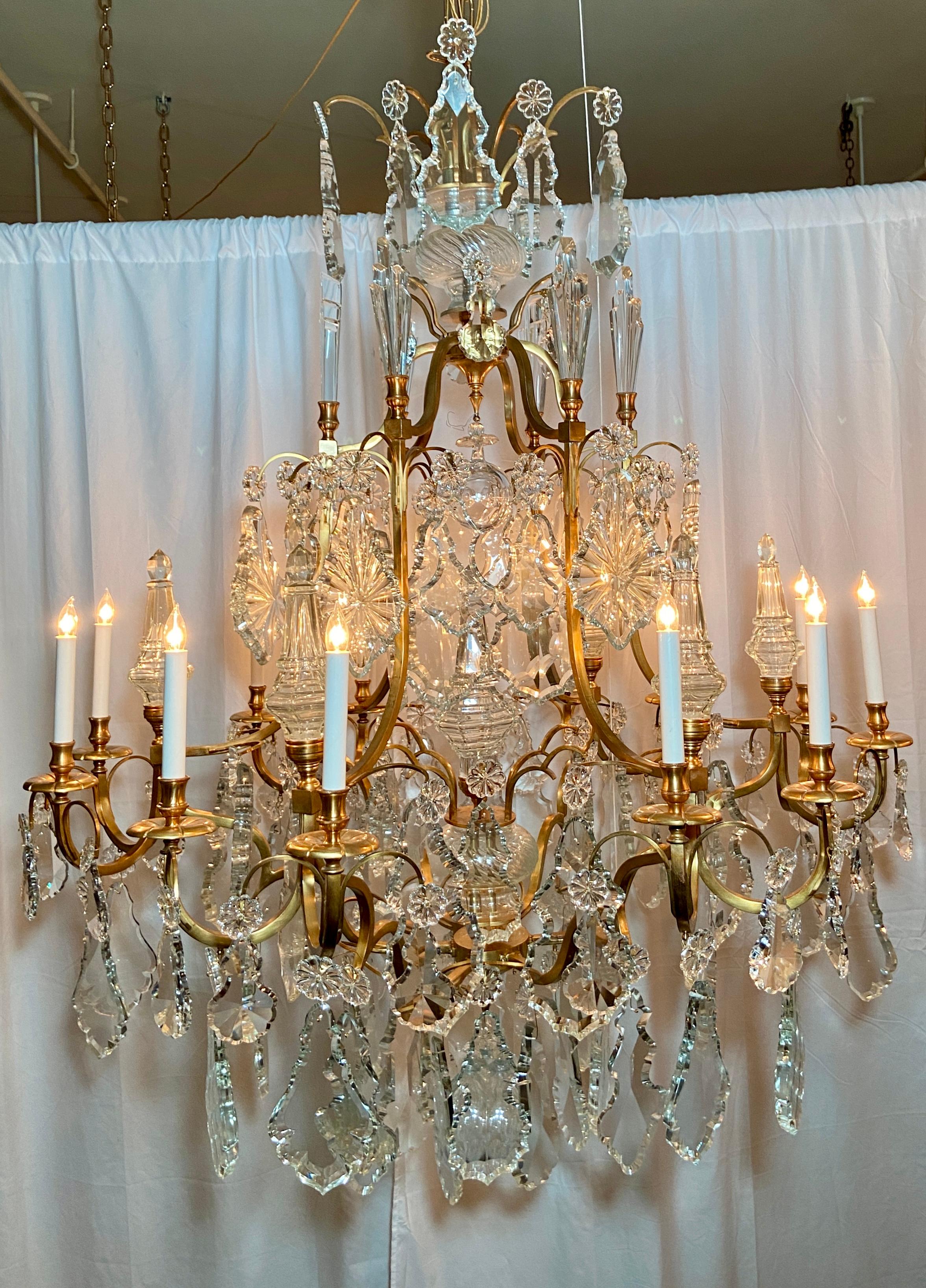Pair Estate French Baccarat Crystal & Bronze D' Ore Chandeliers, Circa 1940-1950 In Good Condition In New Orleans, LA