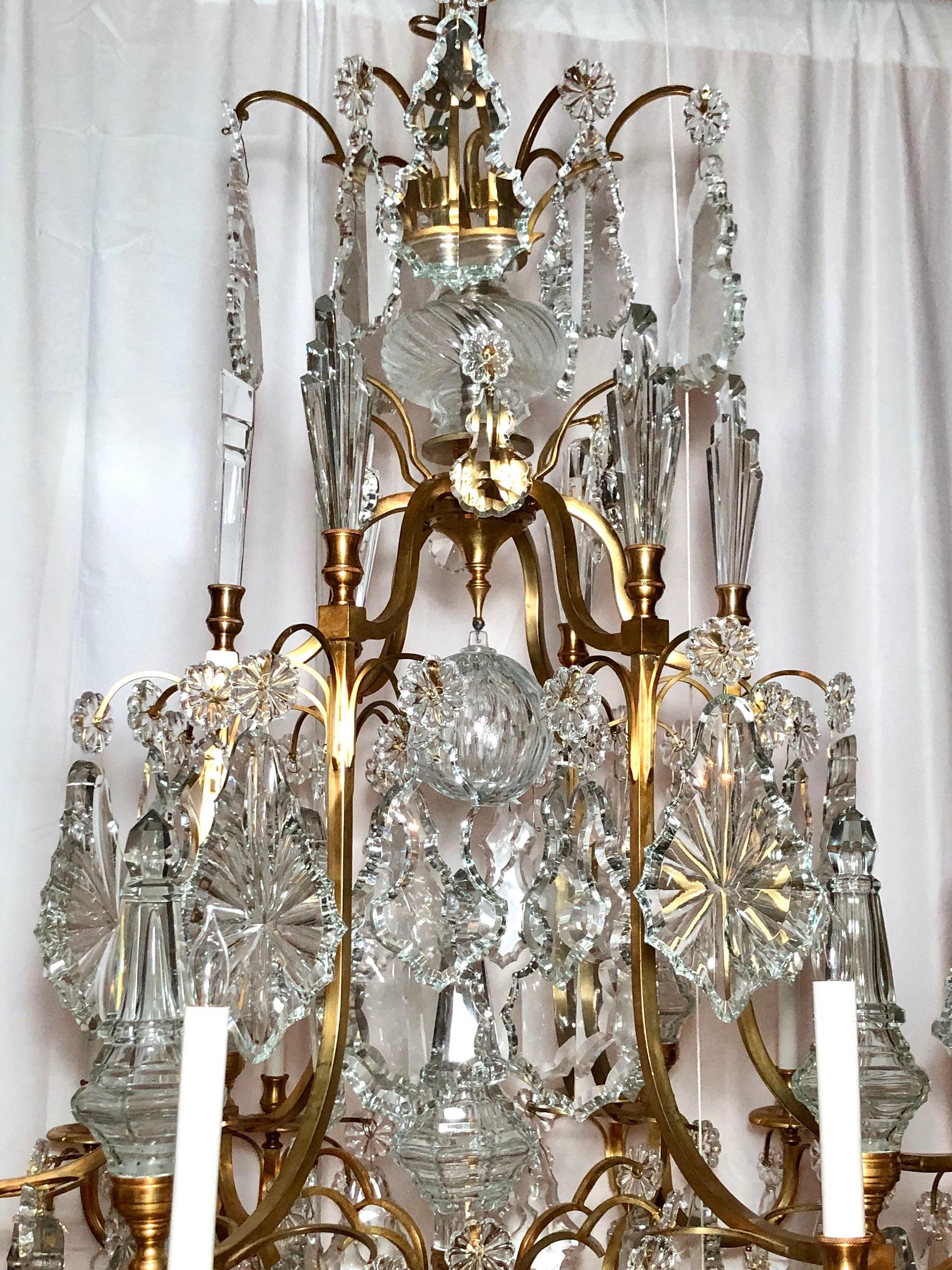 20th Century Pair Estate French Baccarat Crystal & Bronze D' Ore Chandeliers, Circa 1940-1950