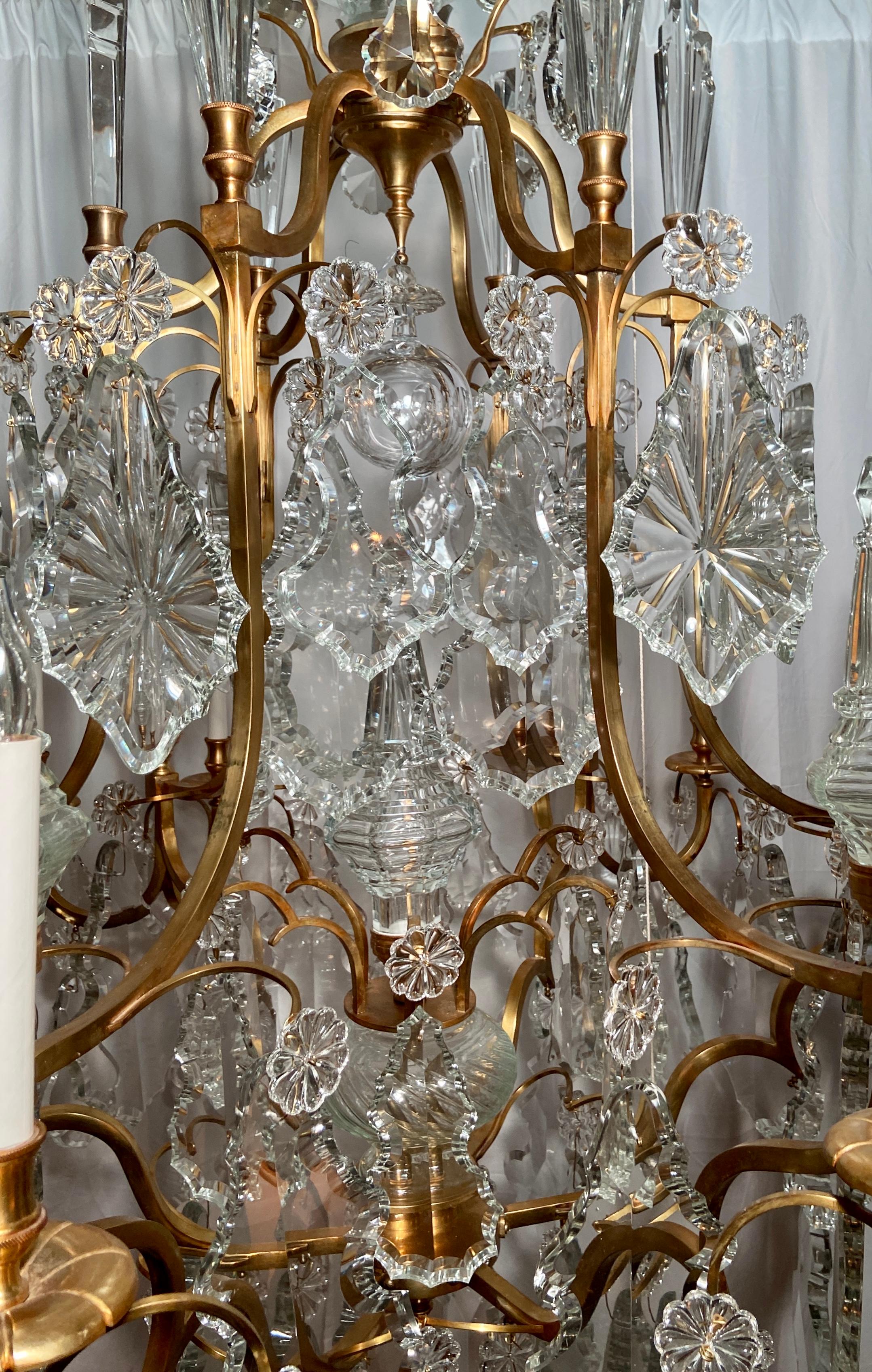 Pair Estate French Baccarat Crystal & Bronze D' Ore Chandeliers, Circa 1940-1950 1