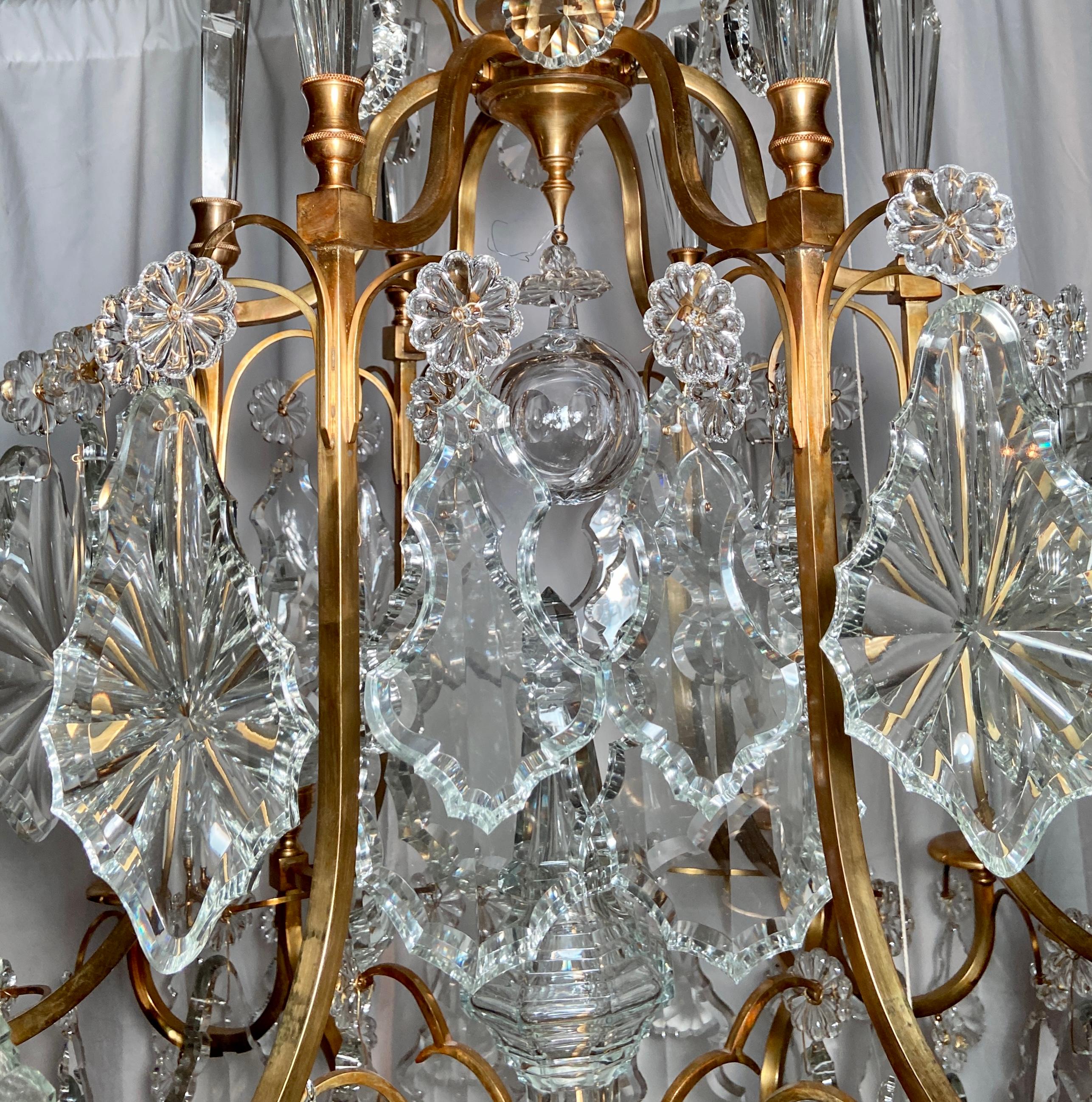 Pair Estate French Baccarat Crystal & Bronze D' Ore Chandeliers, Circa 1940-1950 2