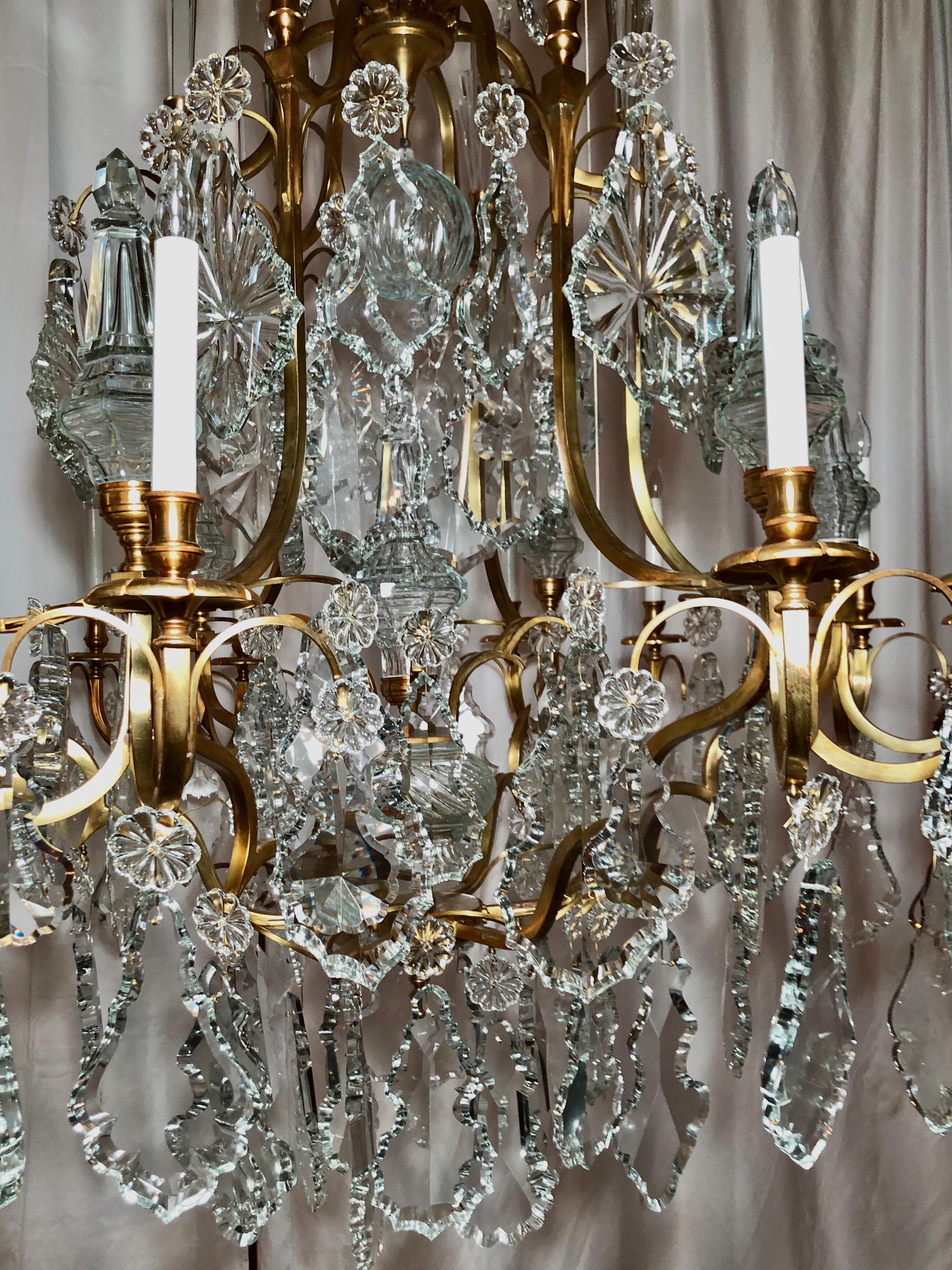 Pair Estate French Baccarat Crystal & Bronze D' Ore Chandeliers, Circa 1940-1950 3