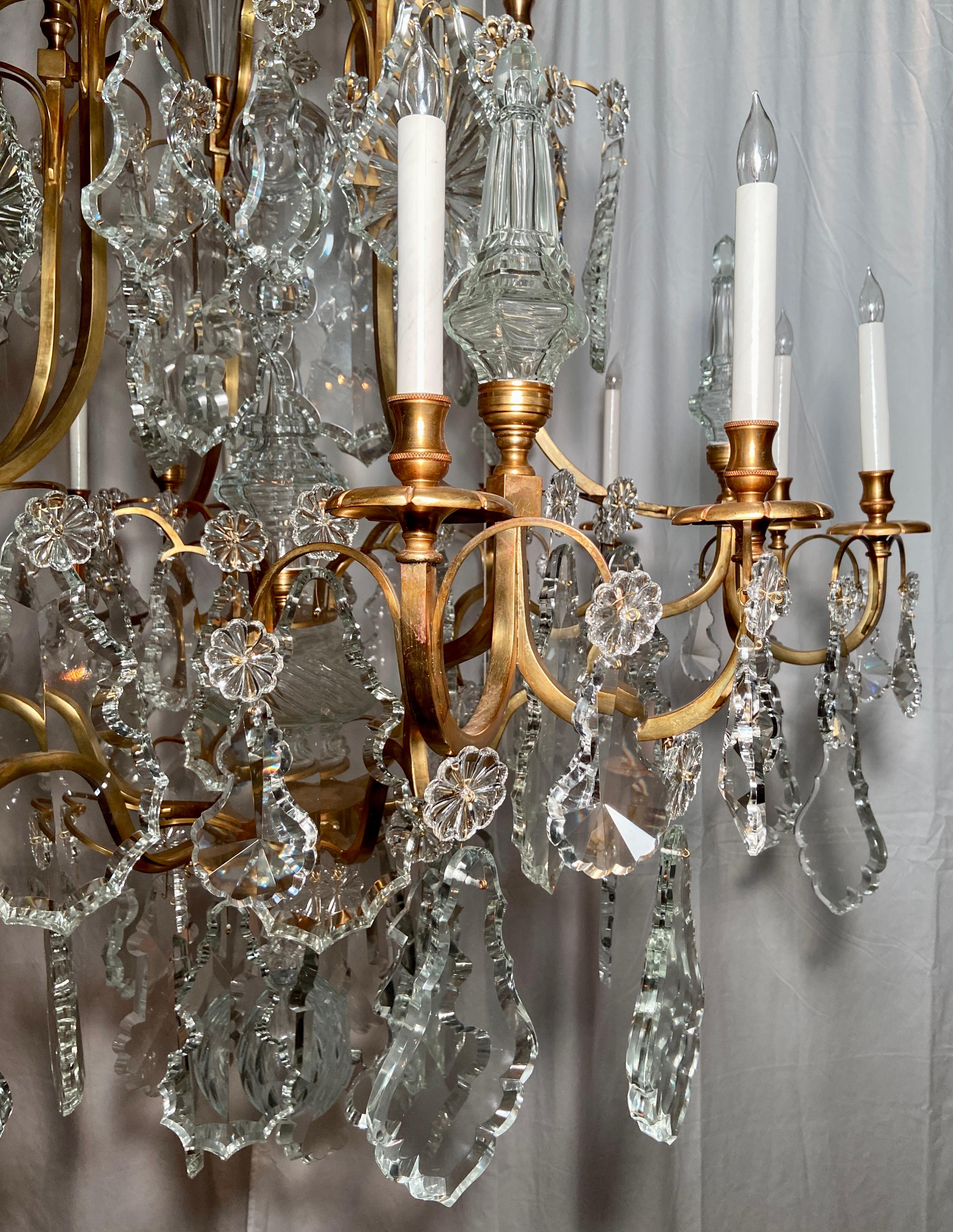 Pair Estate French Baccarat Crystal & Bronze D' Ore Chandeliers, Circa 1940-1950 4