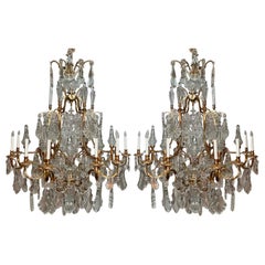 Pair Estate French Baccarat Crystal & Bronze D' Ore Chandeliers, Circa 1940-1950