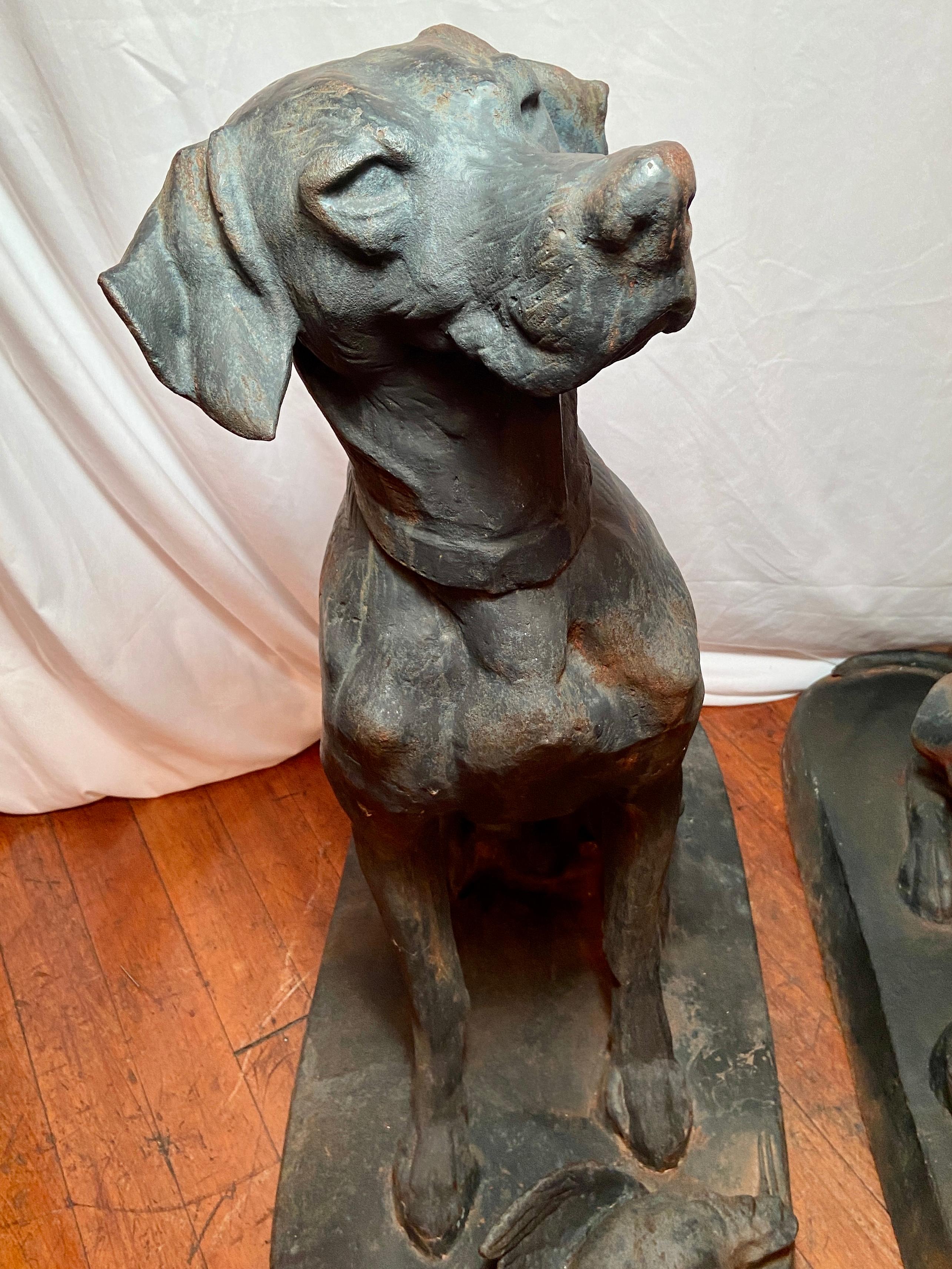 Pair exceptionally large Estate French cast iron hunting dog statues.