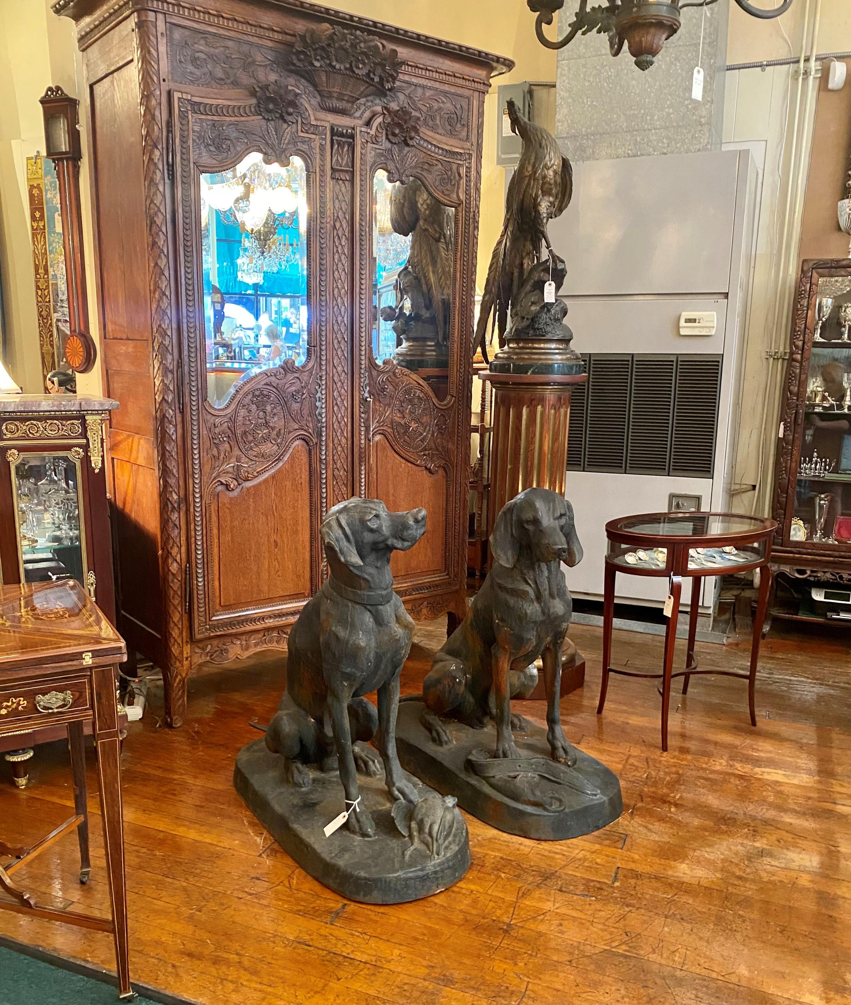 Pair Estate French Cast Iron Hunting Dog Statues 1