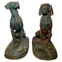 Pair Estate French Cast Iron Hunting Dog Statues