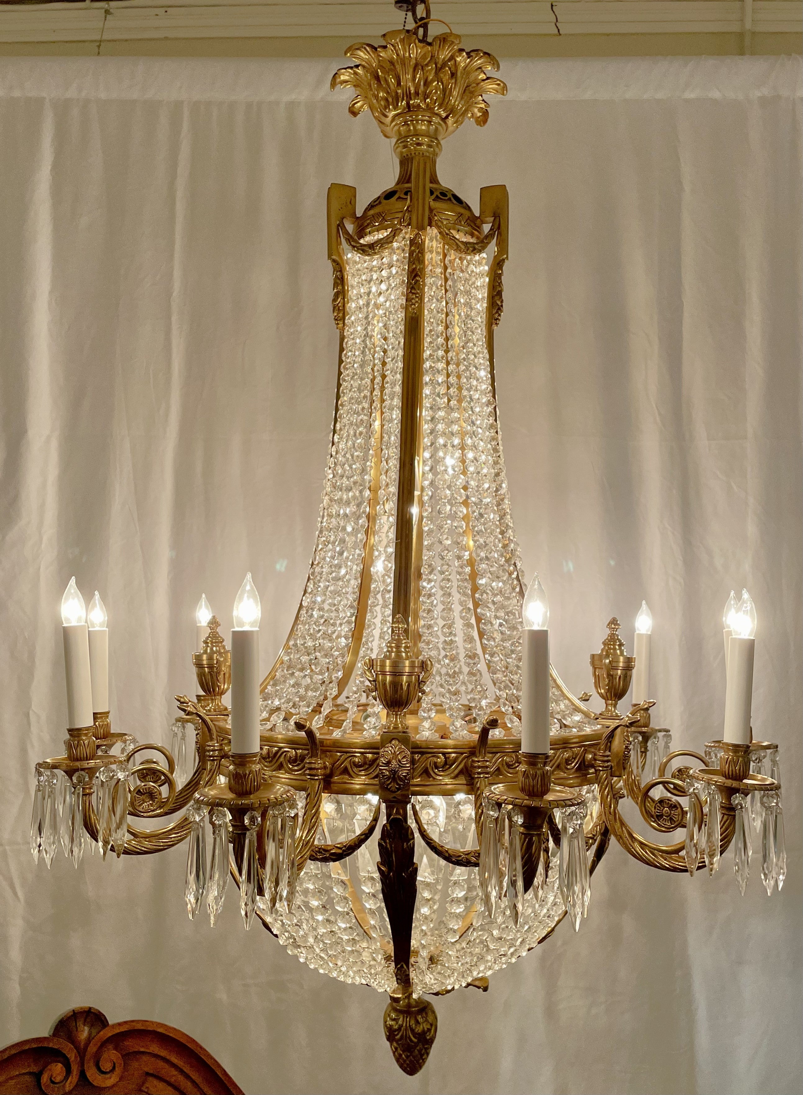 Pair Estate French cut crystal & ormolu bronze chandeliers, circa 1940-1950.