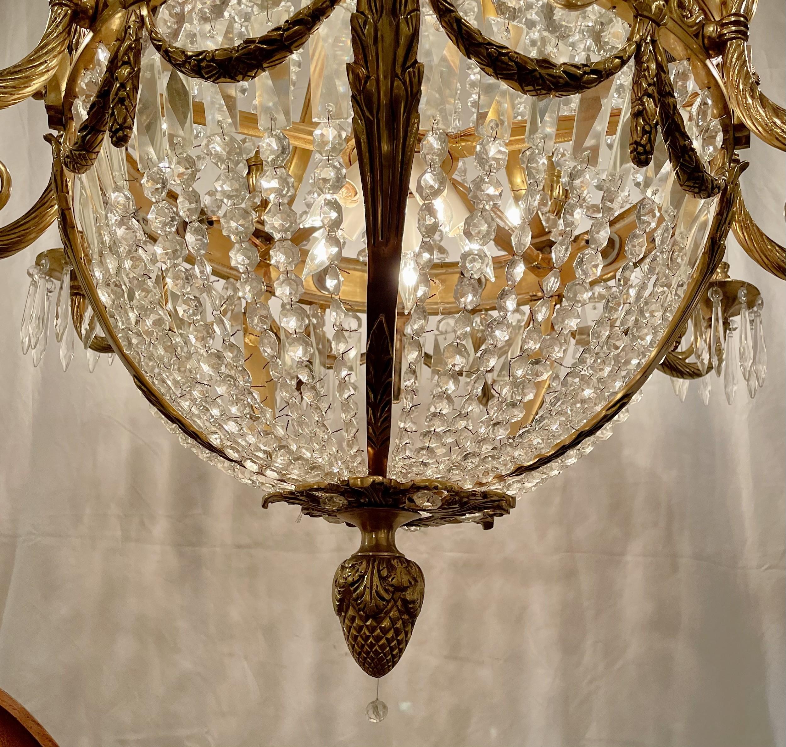Pair Estate French Cut Crystal & Ormolu Bronze Chandeliers, Circa 1940-1950. In Good Condition For Sale In New Orleans, LA