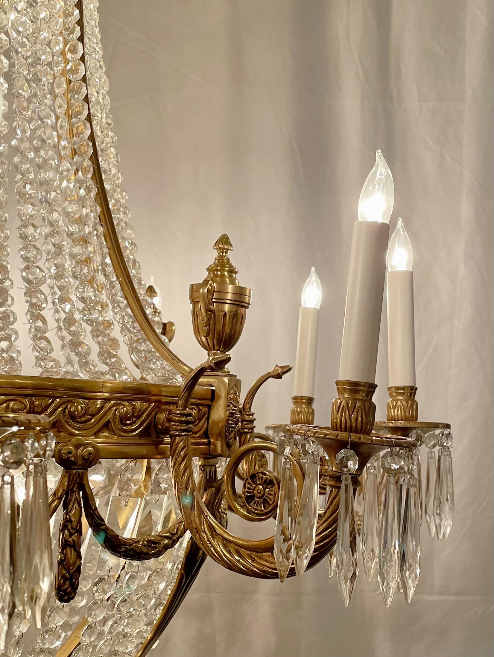 20th Century Pair Estate French Cut Crystal & Ormolu Bronze Chandeliers, Circa 1940-1950. For Sale