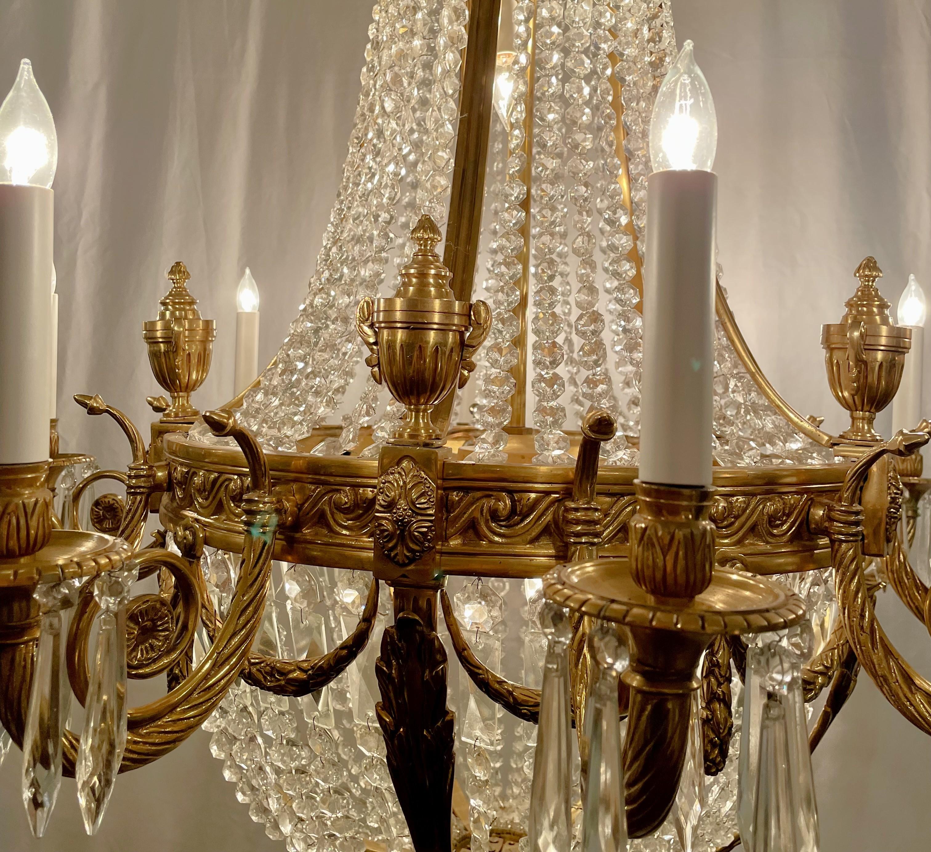 Pair Estate French Cut Crystal & Ormolu Bronze Chandeliers, Circa 1940-1950. For Sale 1