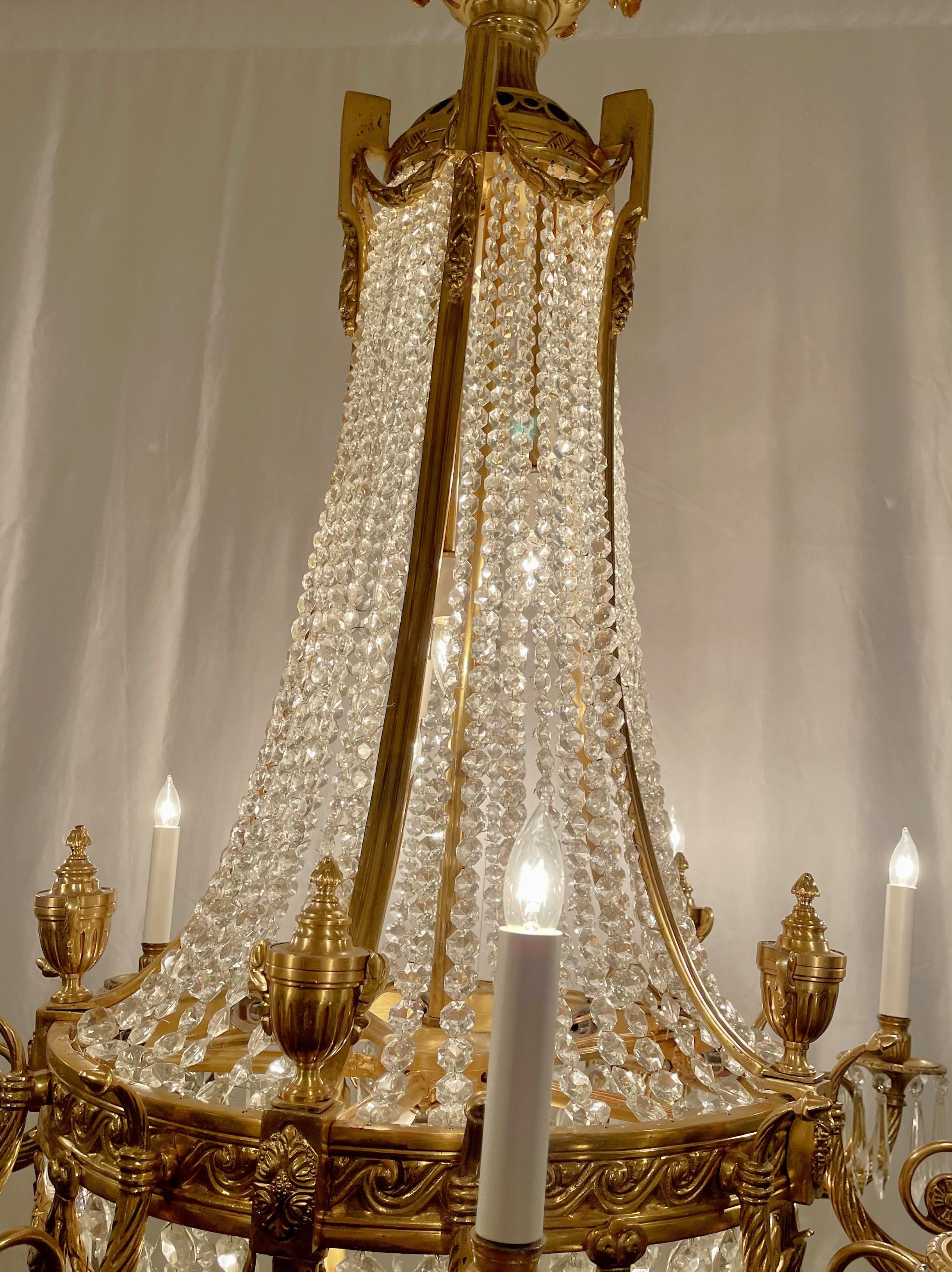 Pair Estate French Cut Crystal & Ormolu Bronze Chandeliers, Circa 1940-1950. For Sale 2