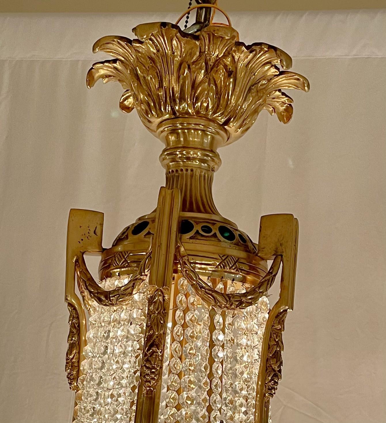 Pair Estate French Cut Crystal & Ormolu Bronze Chandeliers, Circa 1940-1950. For Sale 3