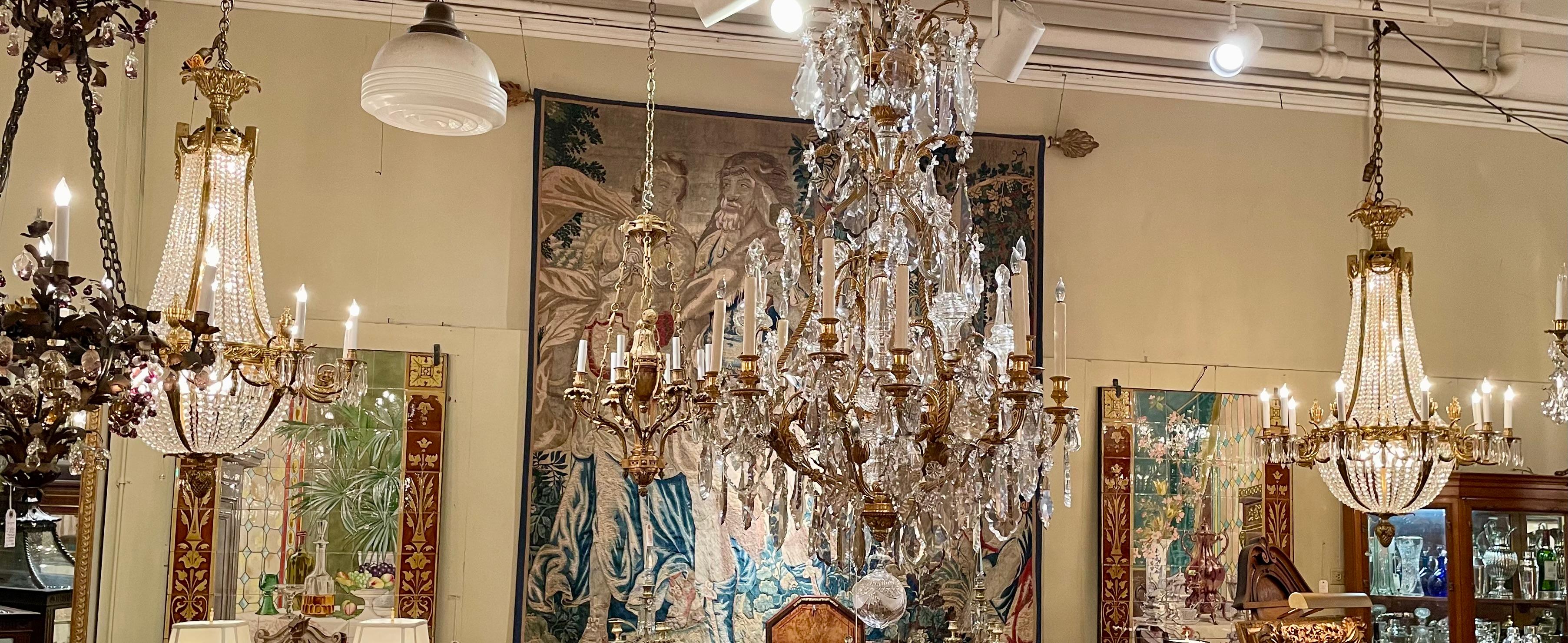 Pair Estate French Cut Crystal & Ormolu Bronze Chandeliers, Circa 1940-1950. For Sale 4