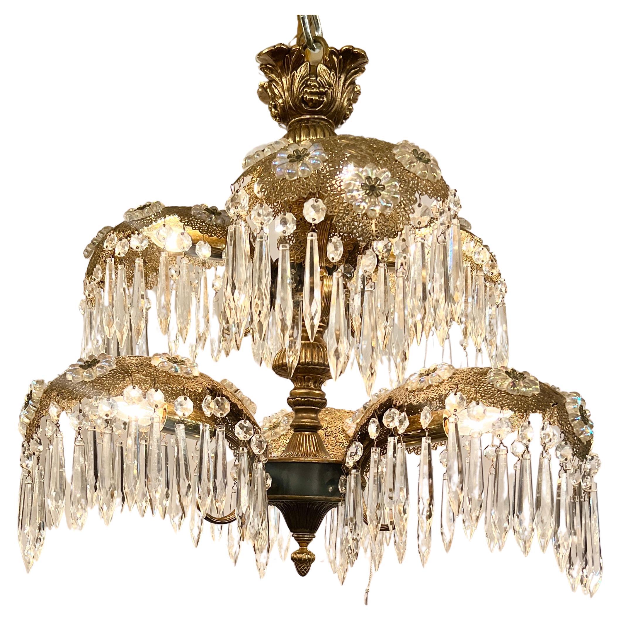 Pair Estate French Gold Bronze and Cut Crystal Palm Chandeliers, Circa 1940-1950.
