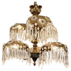 Pair Estate French Gold Bronze and Cut Crystal Palm Chandeliers, Circa 1940-1950