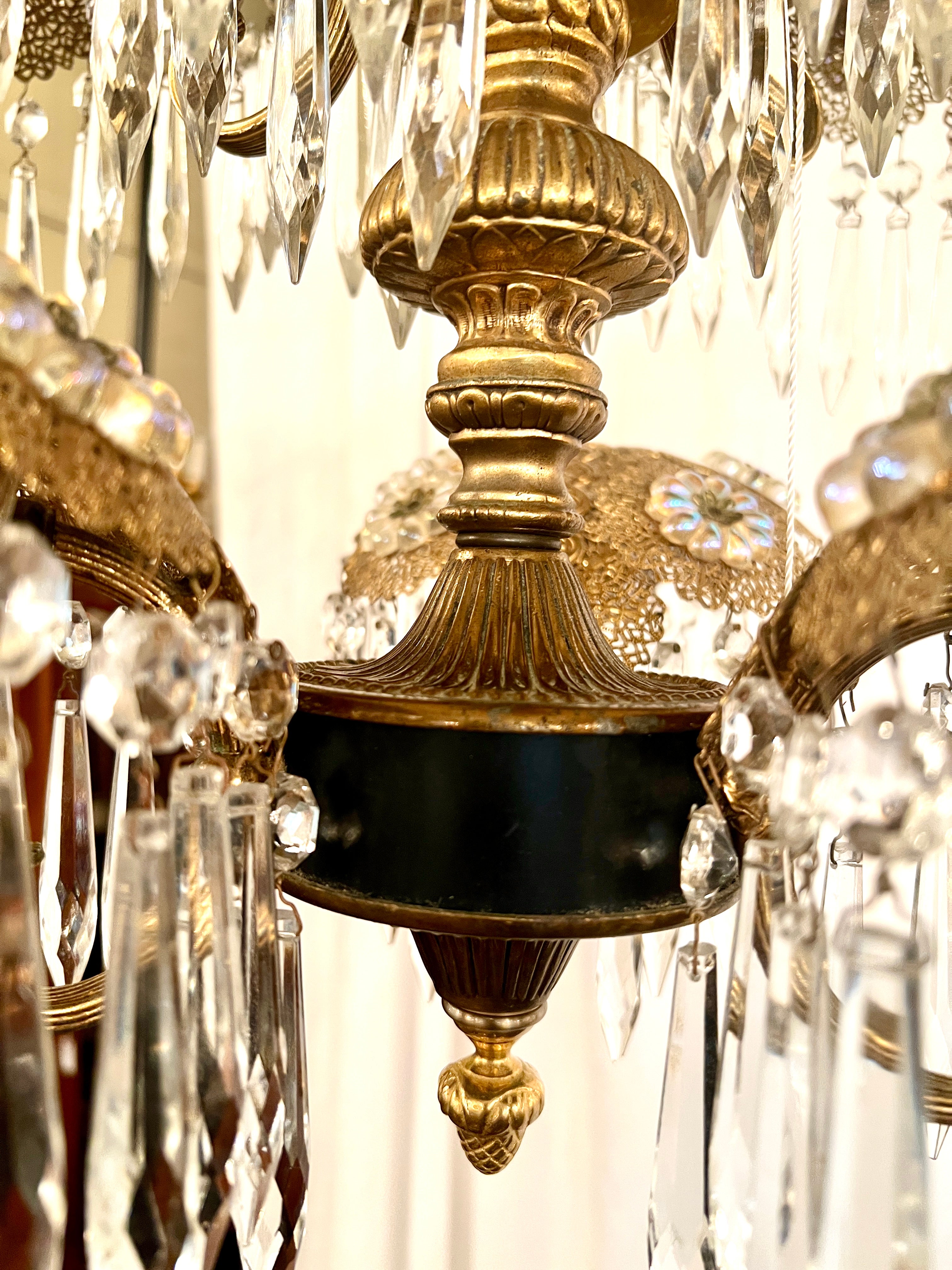 20th Century Pair Estate French Gold Bronze and Cut Crystal Palm Chandeliers, Circa 1940-1950 For Sale
