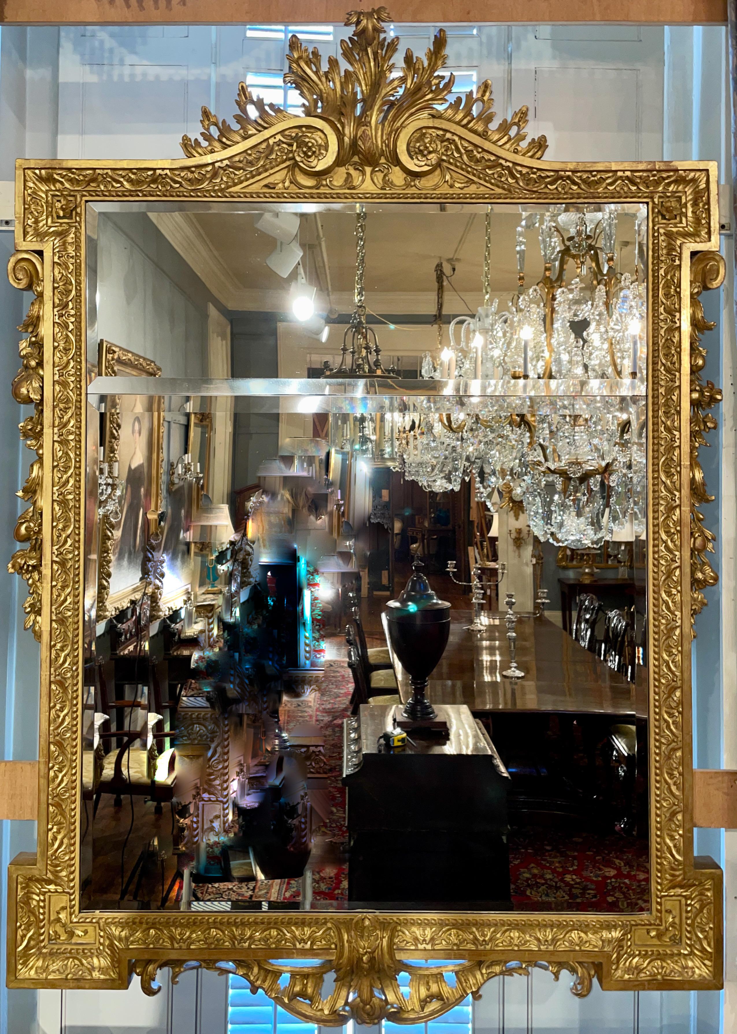 Magnificent pair Estate French Louis XVI giltwood beveled mirrors, circa 1940.