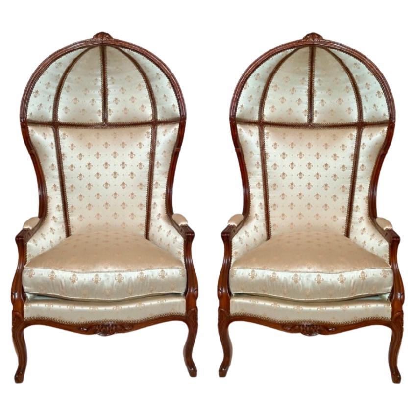 Pair Estate French Walnut Fleur-de-lis Upholstered Balloon Canopy Porters Chairs