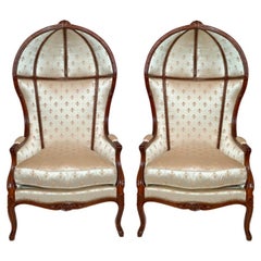 Vintage Pair Estate French Walnut Fleur-de-lis Upholstered Balloon Canopy Porters Chairs