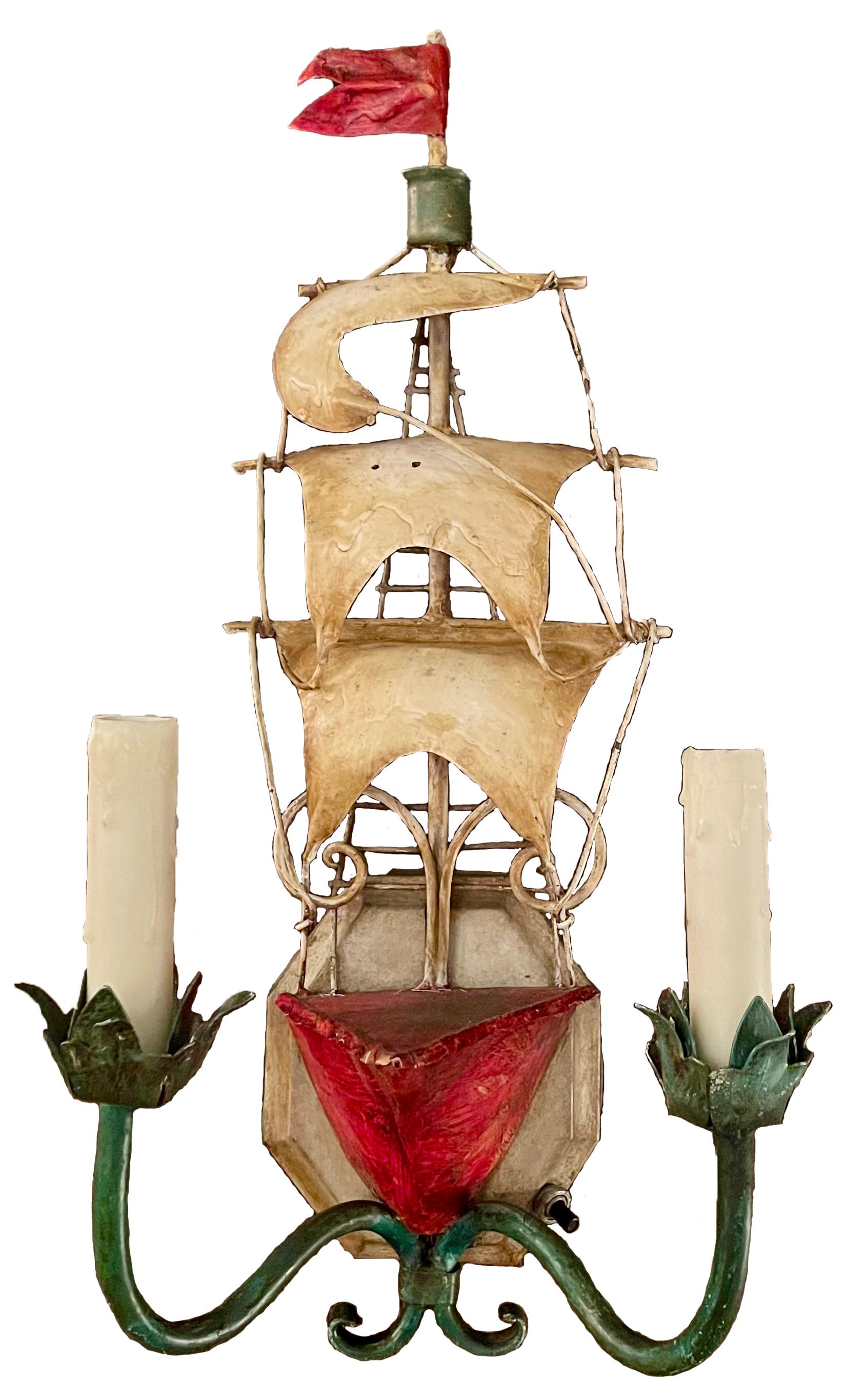 Pair Estate Hand-Painted Metal Ship Wall Sconces, Circa 1950's. In Good Condition In New Orleans, LA