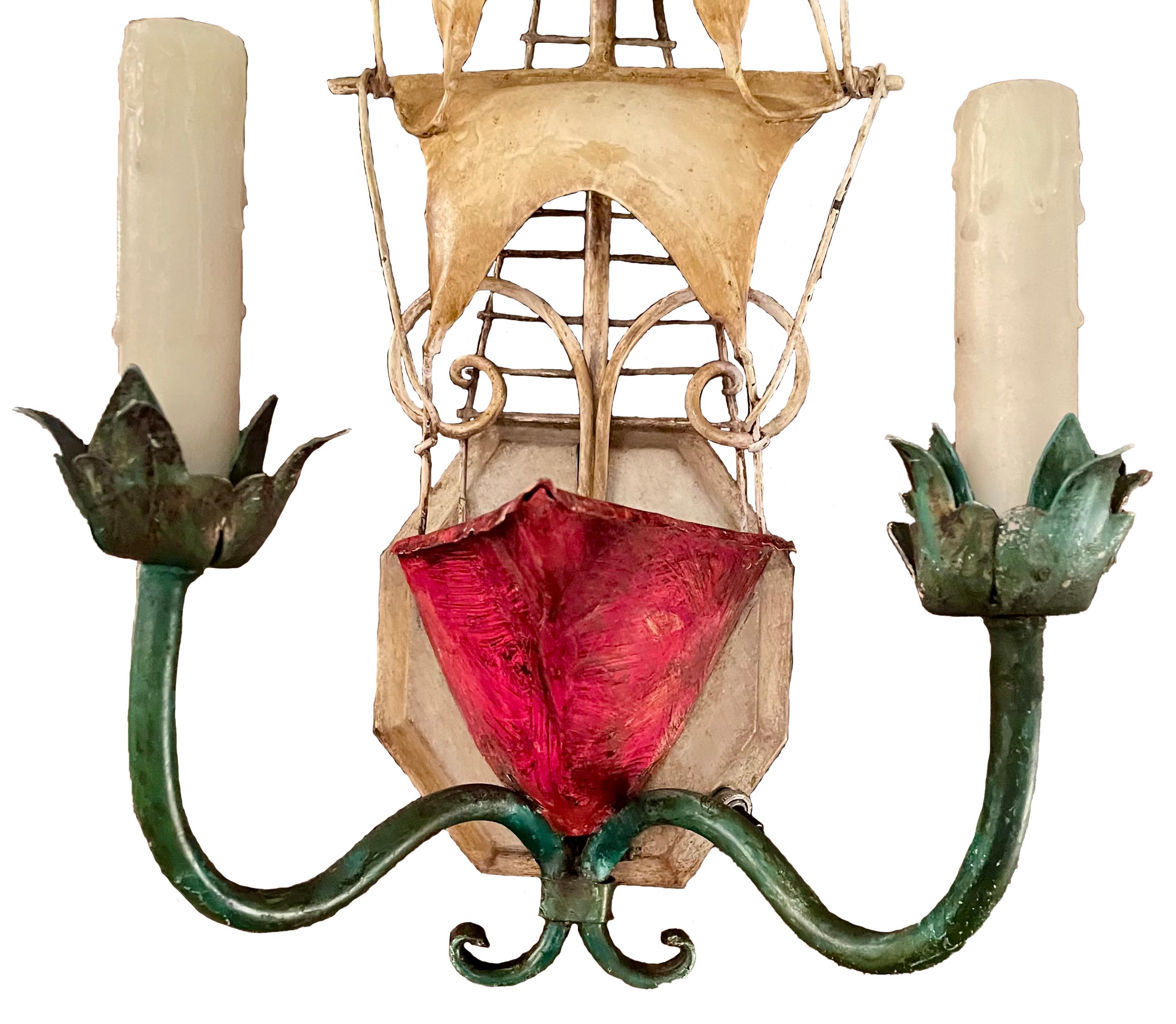 20th Century Pair Estate Hand-Painted Metal Ship Wall Sconces, Circa 1950's. For Sale